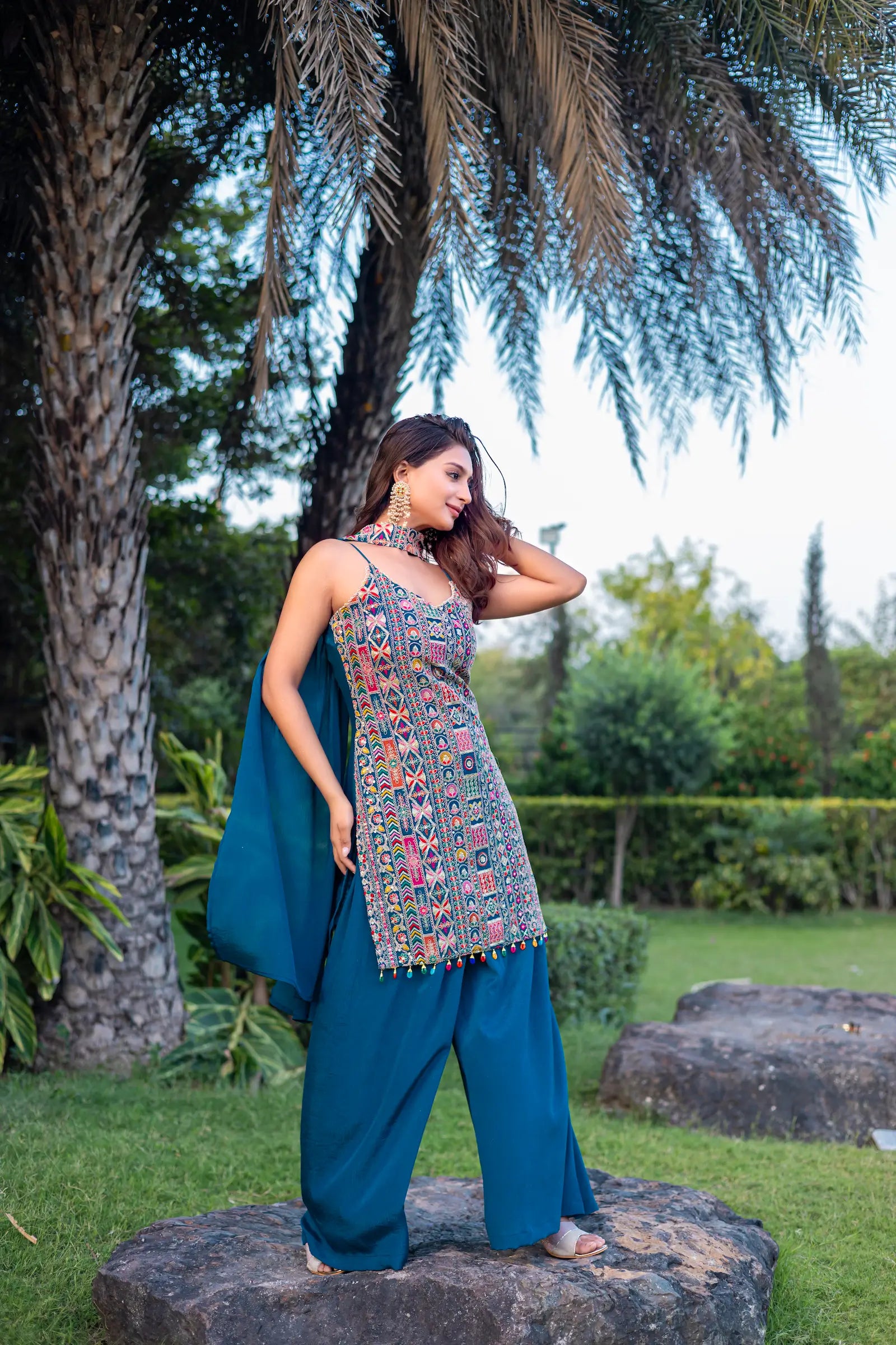 Blue Chinon Sequence Embroidery Work Palazzo Salwar Suit