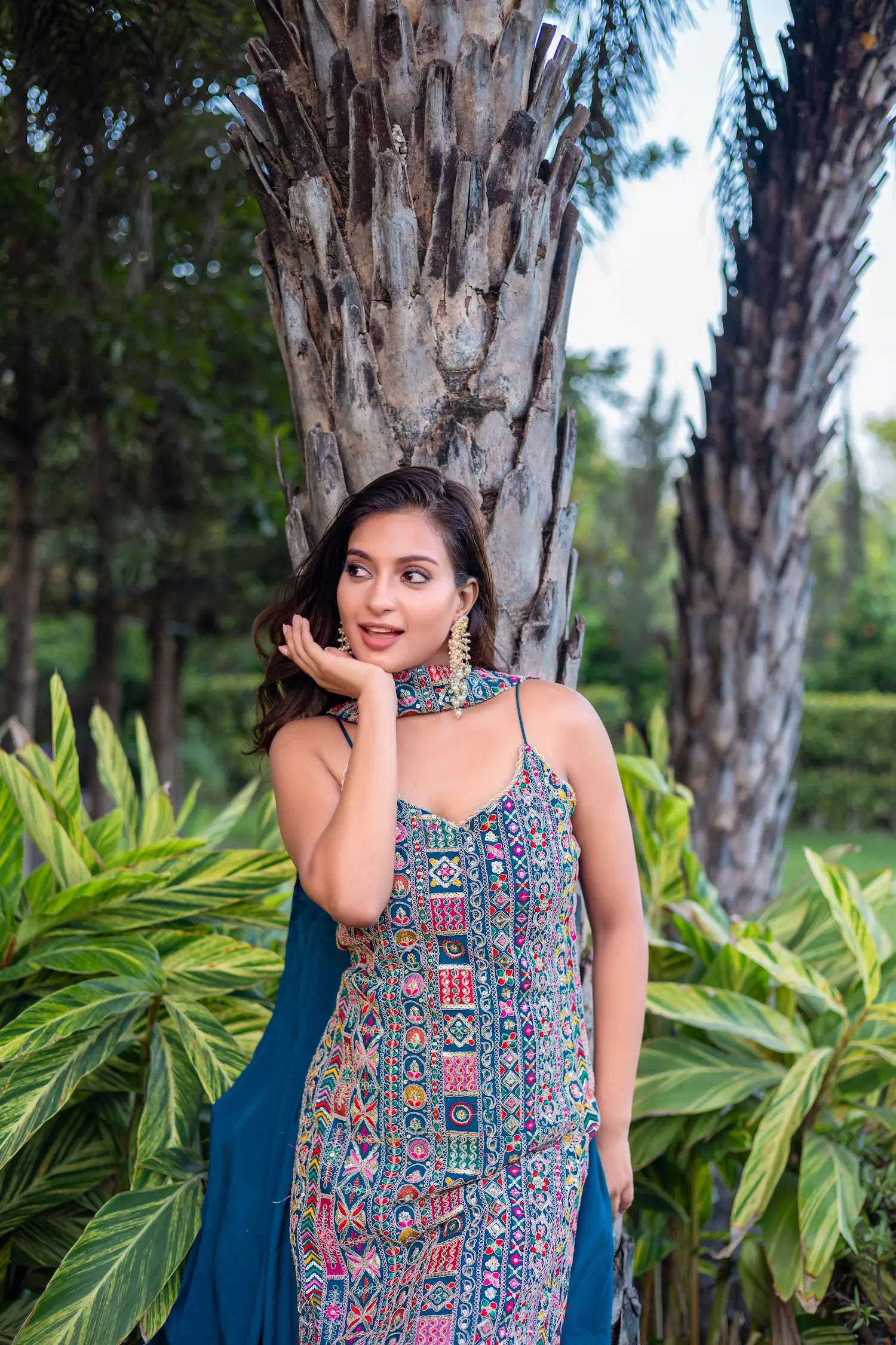 Blue Chinon Sequence Embroidery Work Palazzo Salwar Suit - qivii