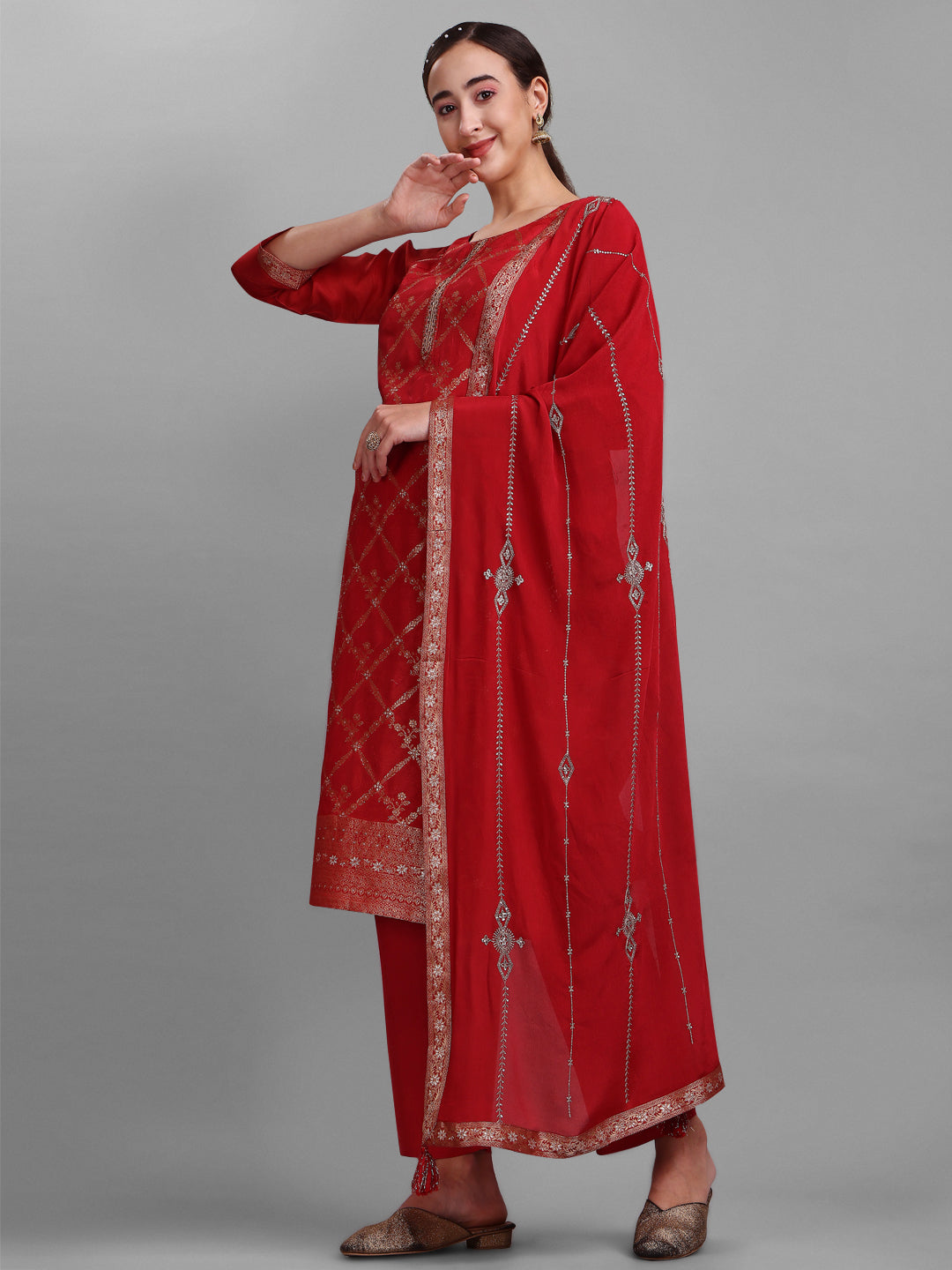 Red Jacquard Kurta Suit Set