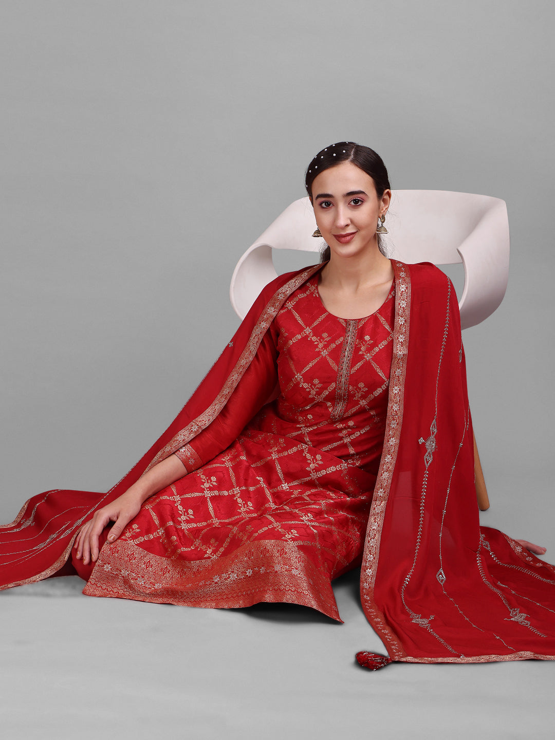 Red Jacquard Kurta Suit Set
