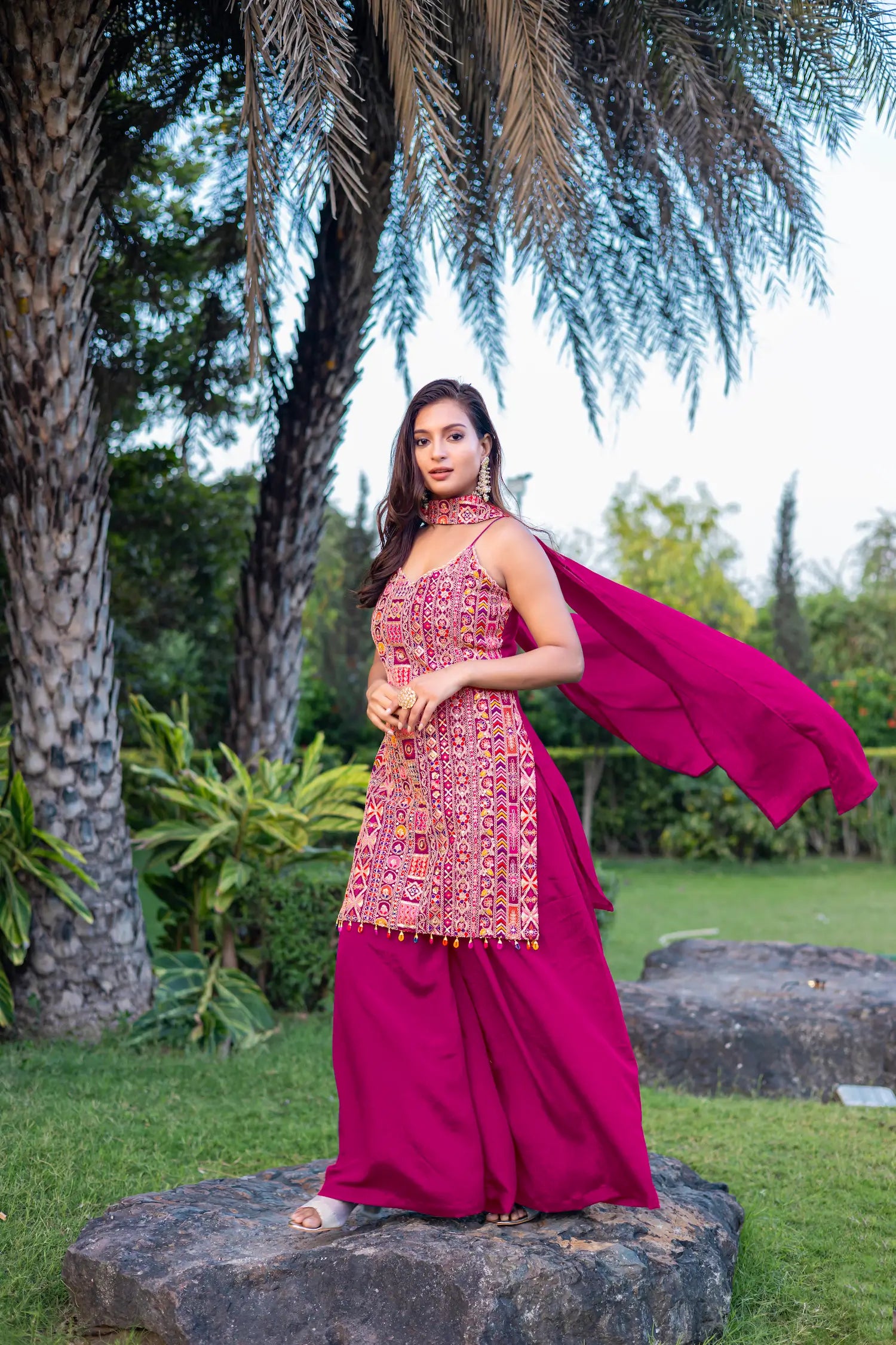 Pink Chinon Sequence Embroidery Work Palazzo Salwar Suit - qivii