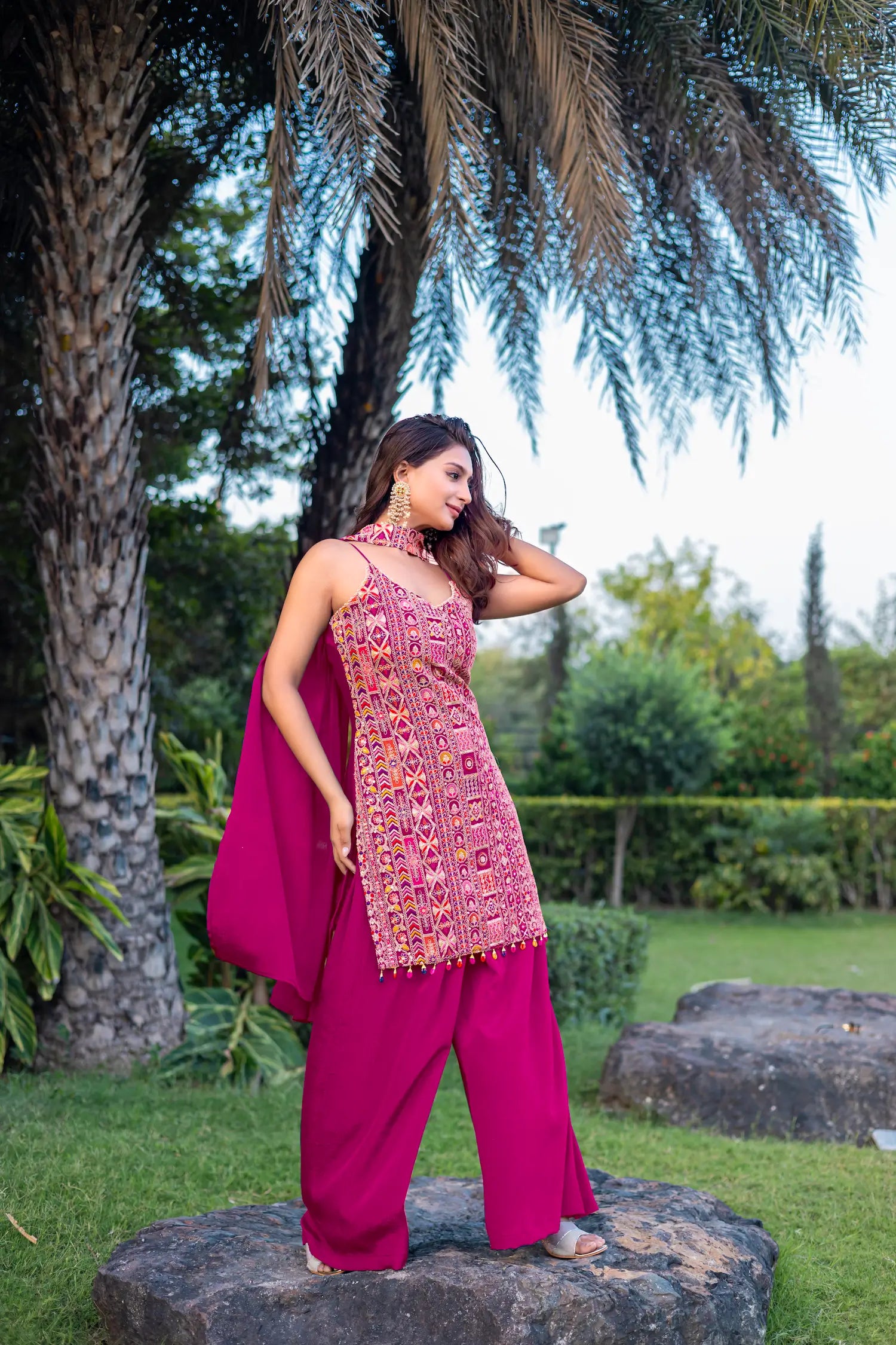 Pink Chinon Sequence Embroidery Work Palazzo Salwar Suit