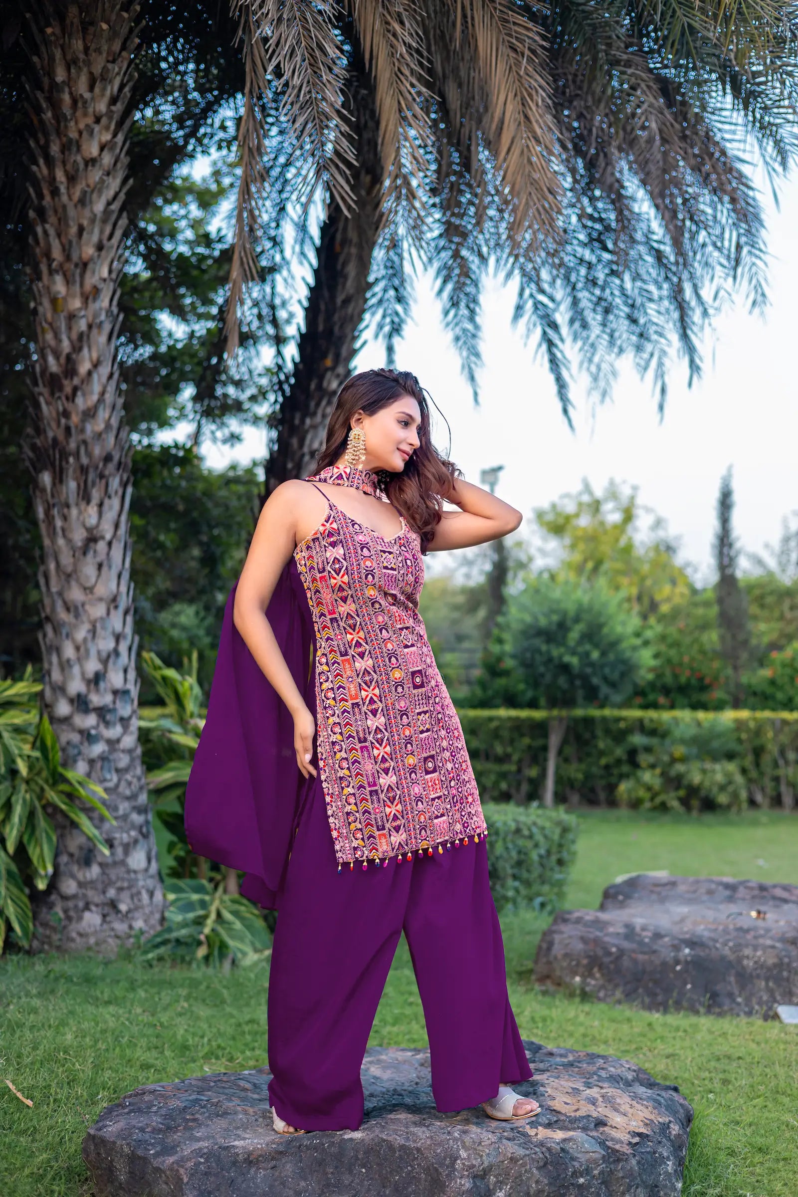 Purple Chinon Sequence Embroidery Work Palazzo Salwar Suit