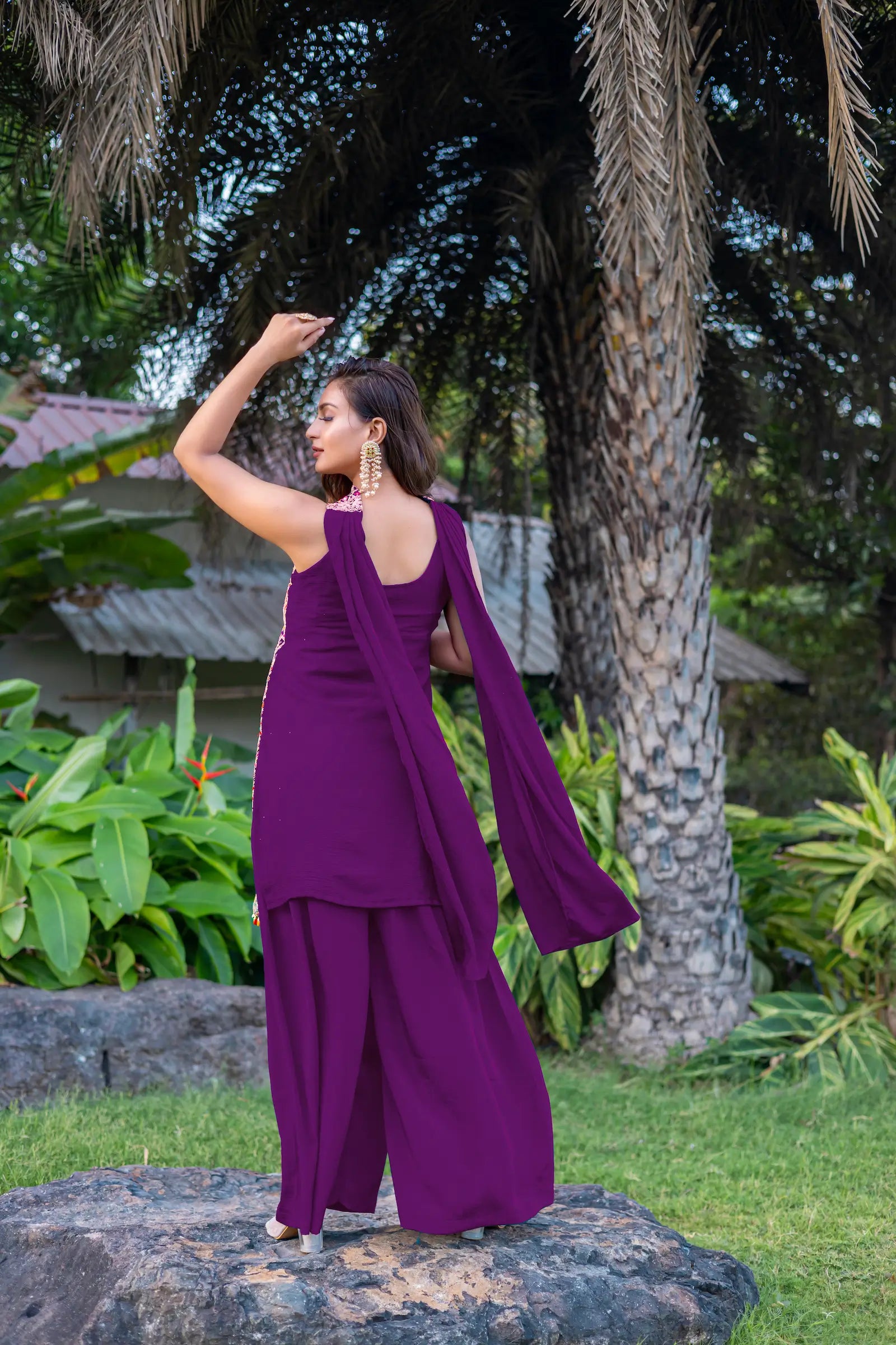 Purple Chinon Sequence Embroidery Work Palazzo Salwar Suit - qivii
