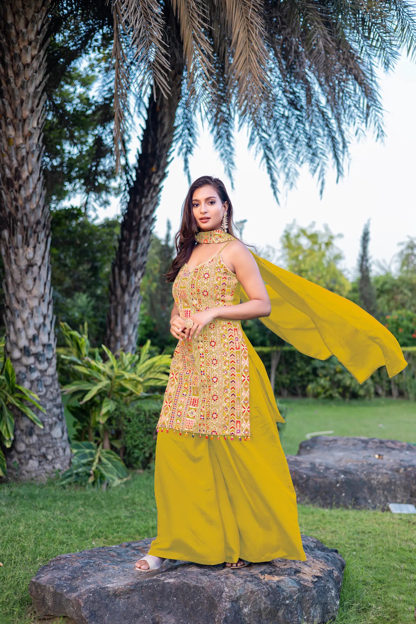 Yellow Chinon Sequence Embroidery Work Palazzo Salwar Suit