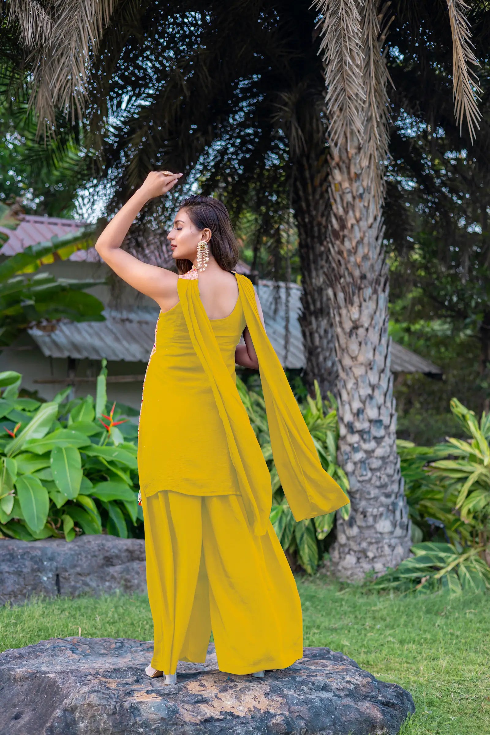Yellow Chinon Sequence Embroidery Work Palazzo Salwar Suit