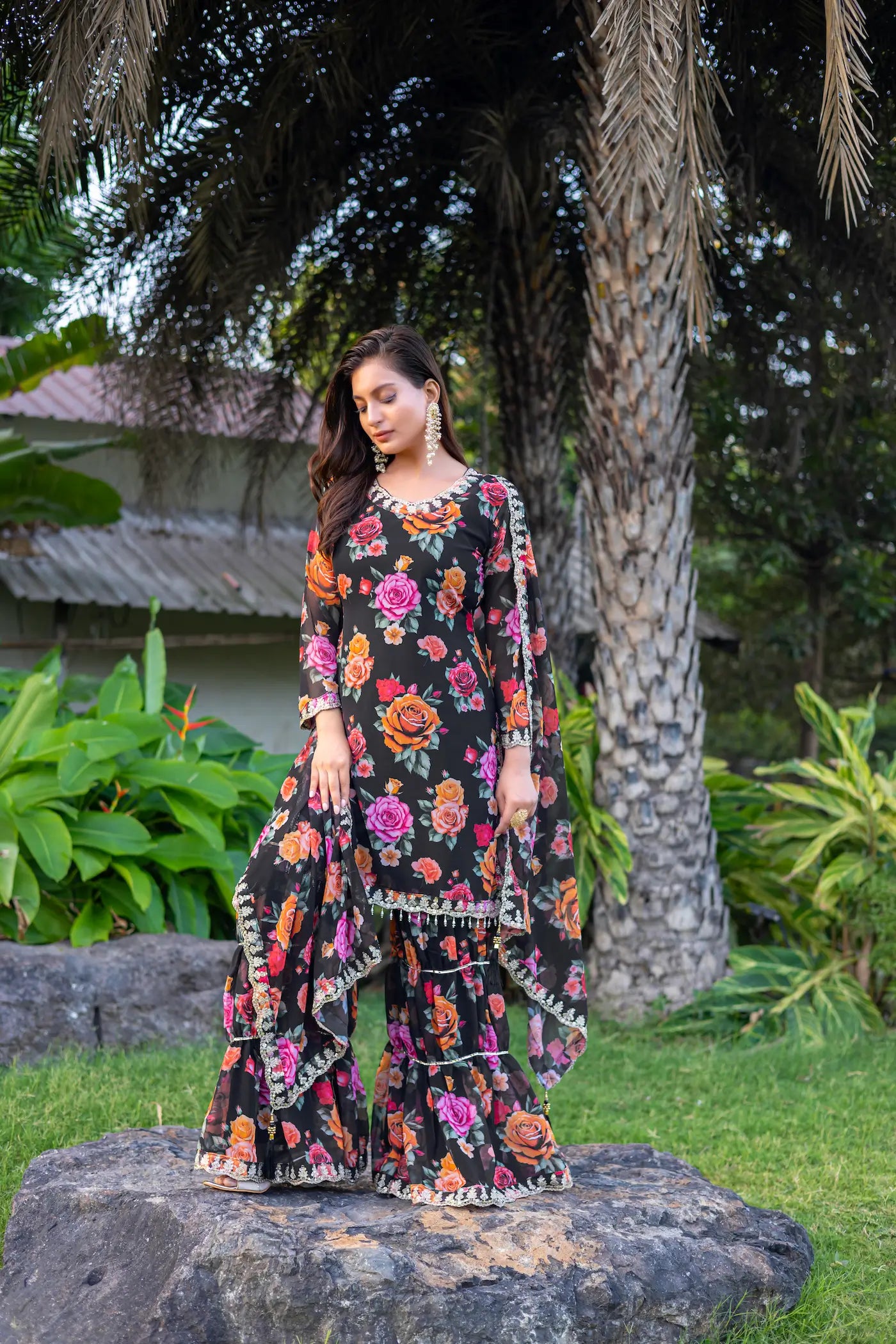 Black Georgette Palazzo Salwar Suit With Floral Print & Embroidery Work