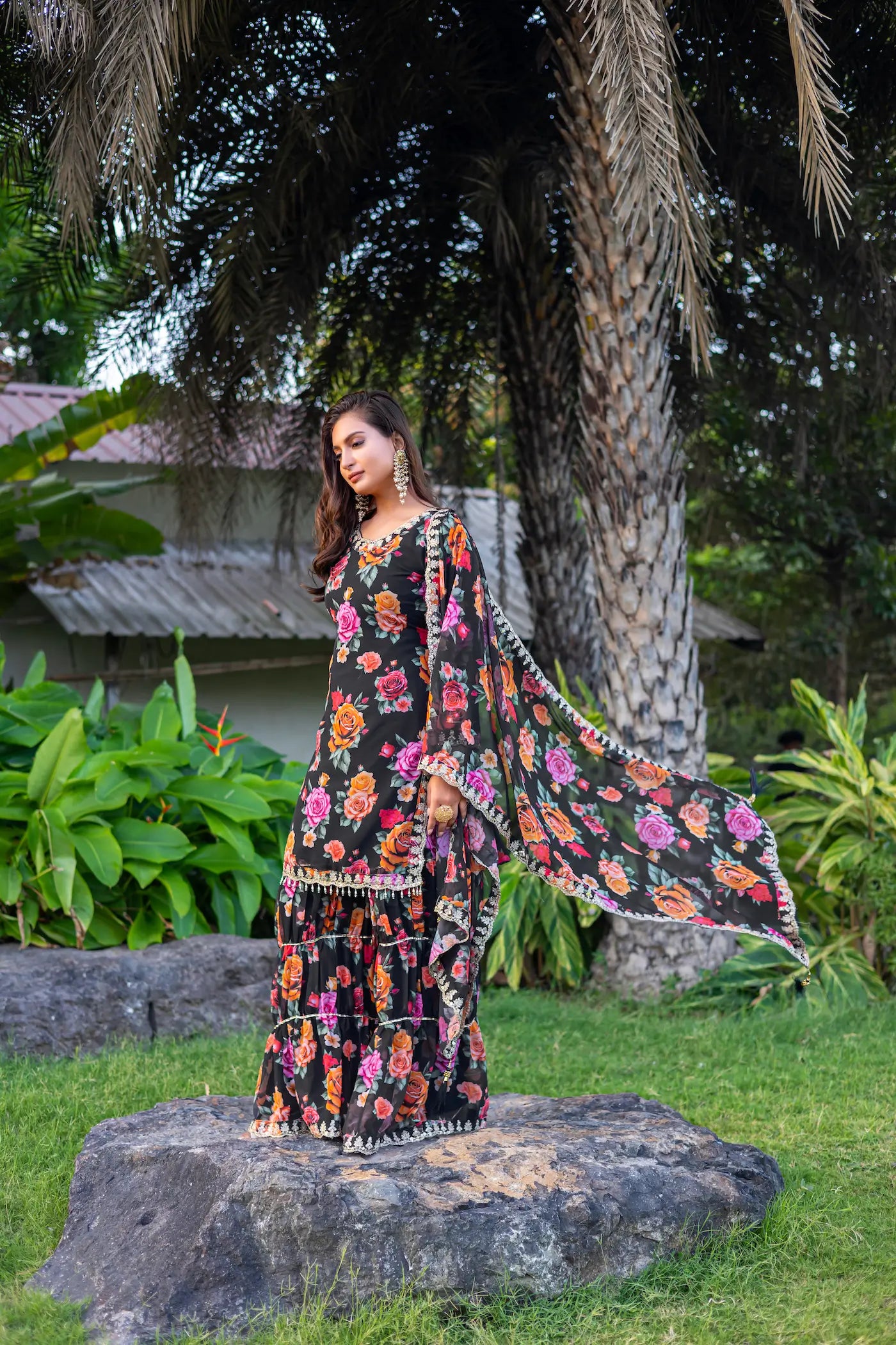 Black Georgette Palazzo Salwar Suit With Floral Print & Embroidery Work - qivii