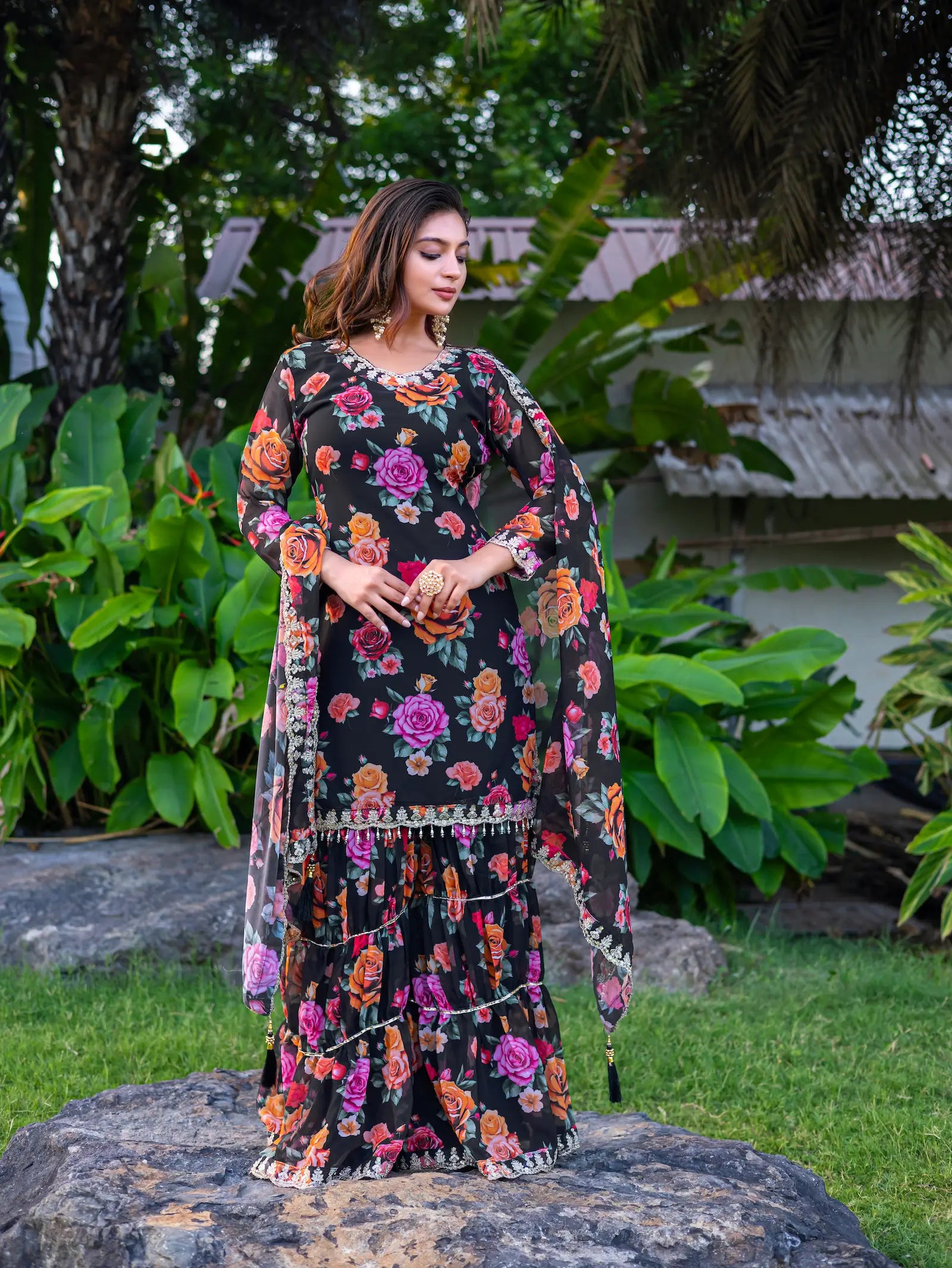 Black Georgette Palazzo Salwar Suit With Floral Print & Embroidery Work - qivii