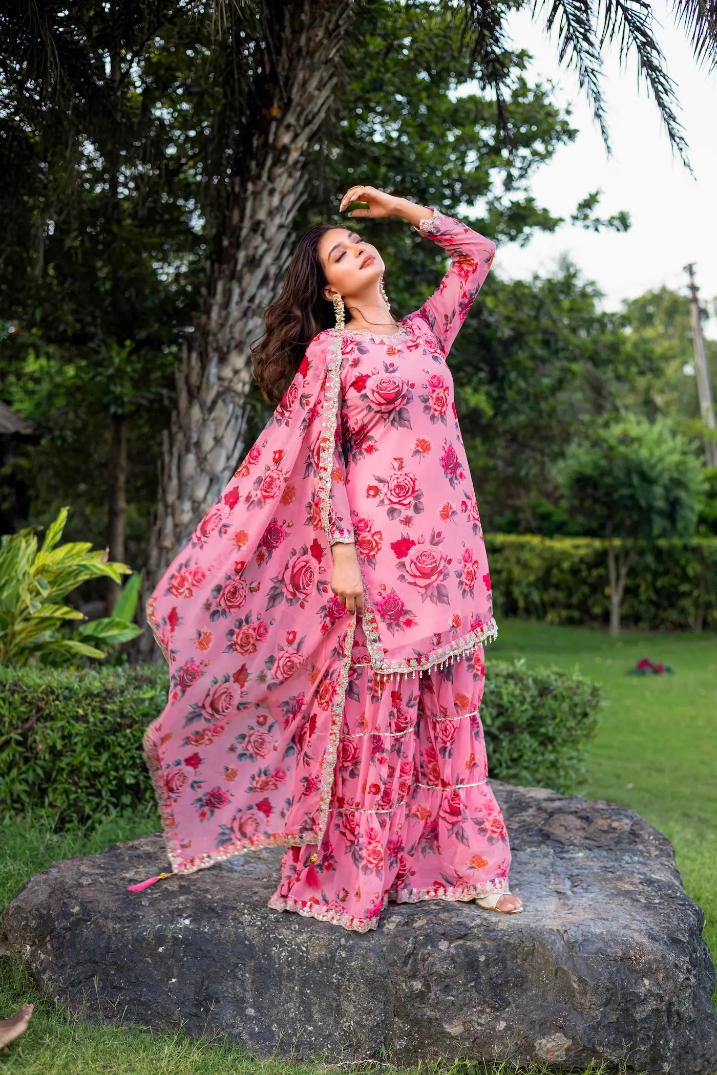 Light Pink Georgette Palazzo Salwar Suit With Floral Print & Embroidery Work