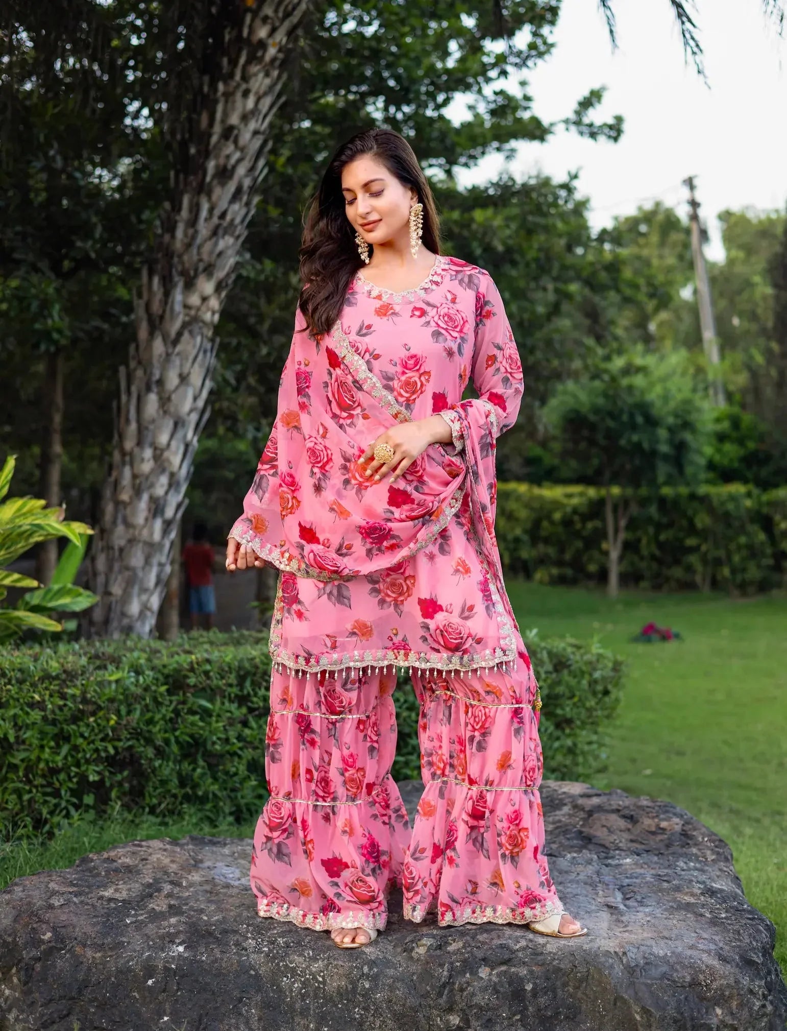 Light Pink Georgette Palazzo Salwar Suit With Floral Print & Embroidery Work - qivii