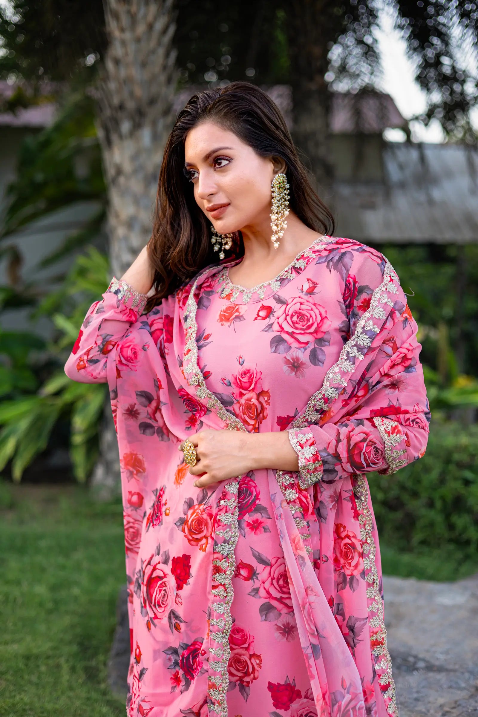 Light Pink Georgette Palazzo Salwar Suit With Floral Print & Embroidery Work - qivii