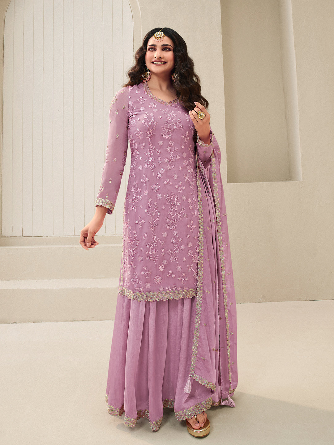 Pink Floral Pattern, Thread with Sequins & Zari Embroidered Sharara Suit Set - qivii