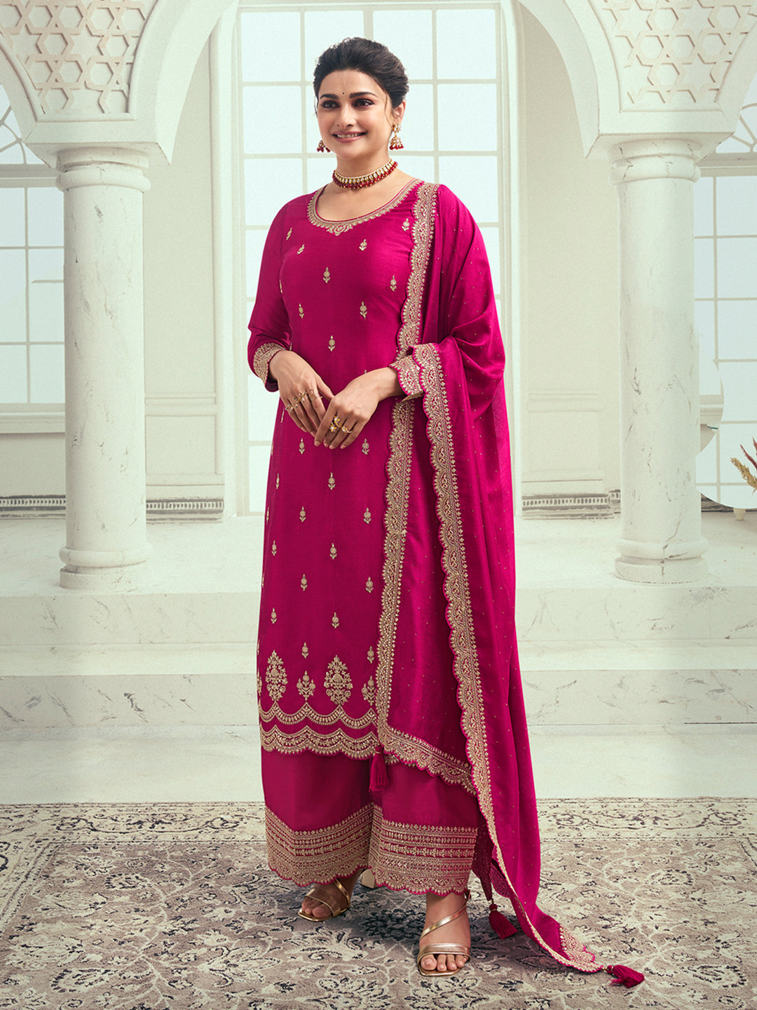 Rani Pink Designer Top Adorned with Exquisite Embroidered Palazzo Suit Set