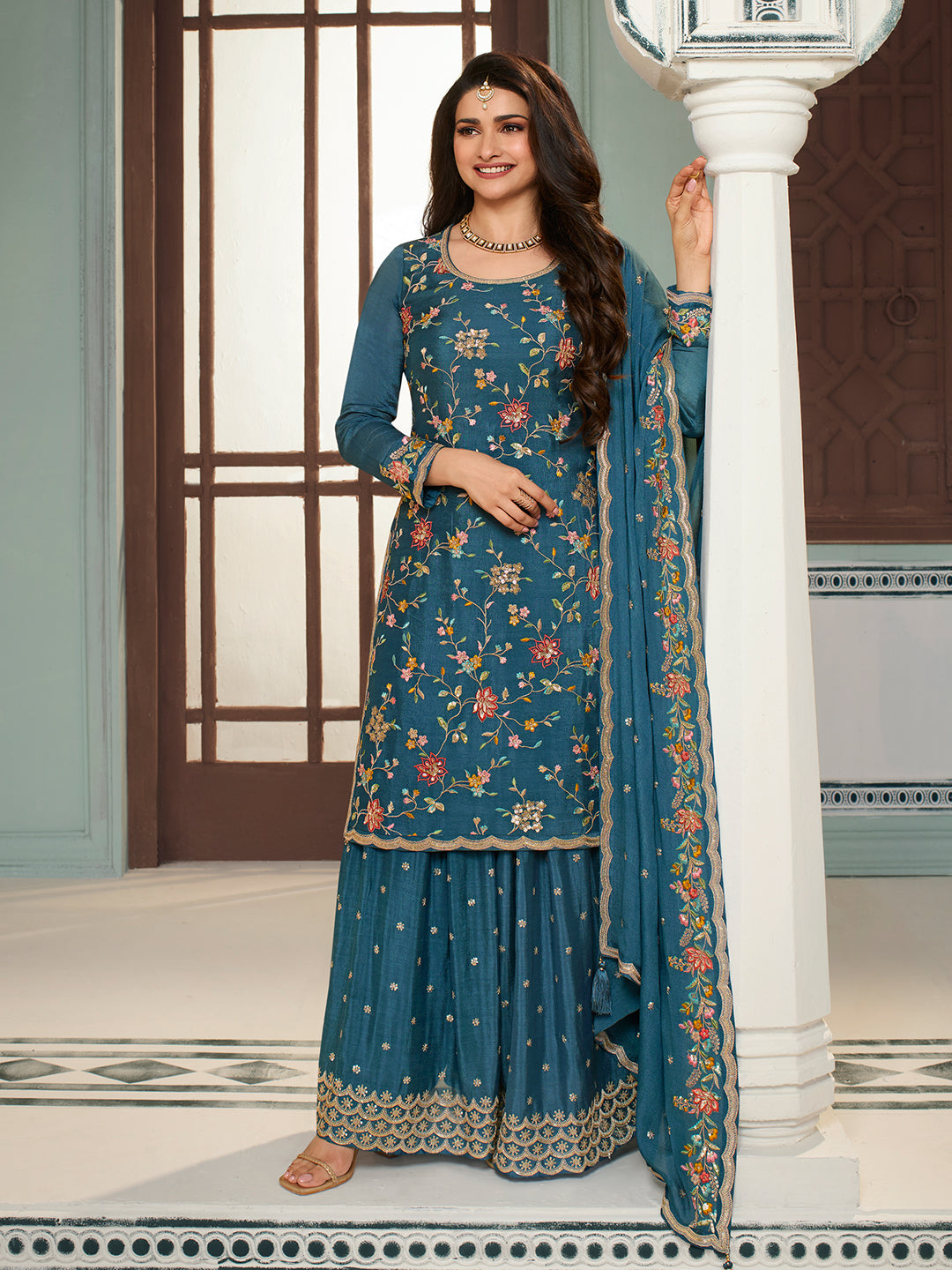 Blue Multi Colour Floral Thread & Embroidered Sharara Suit Set - qivii