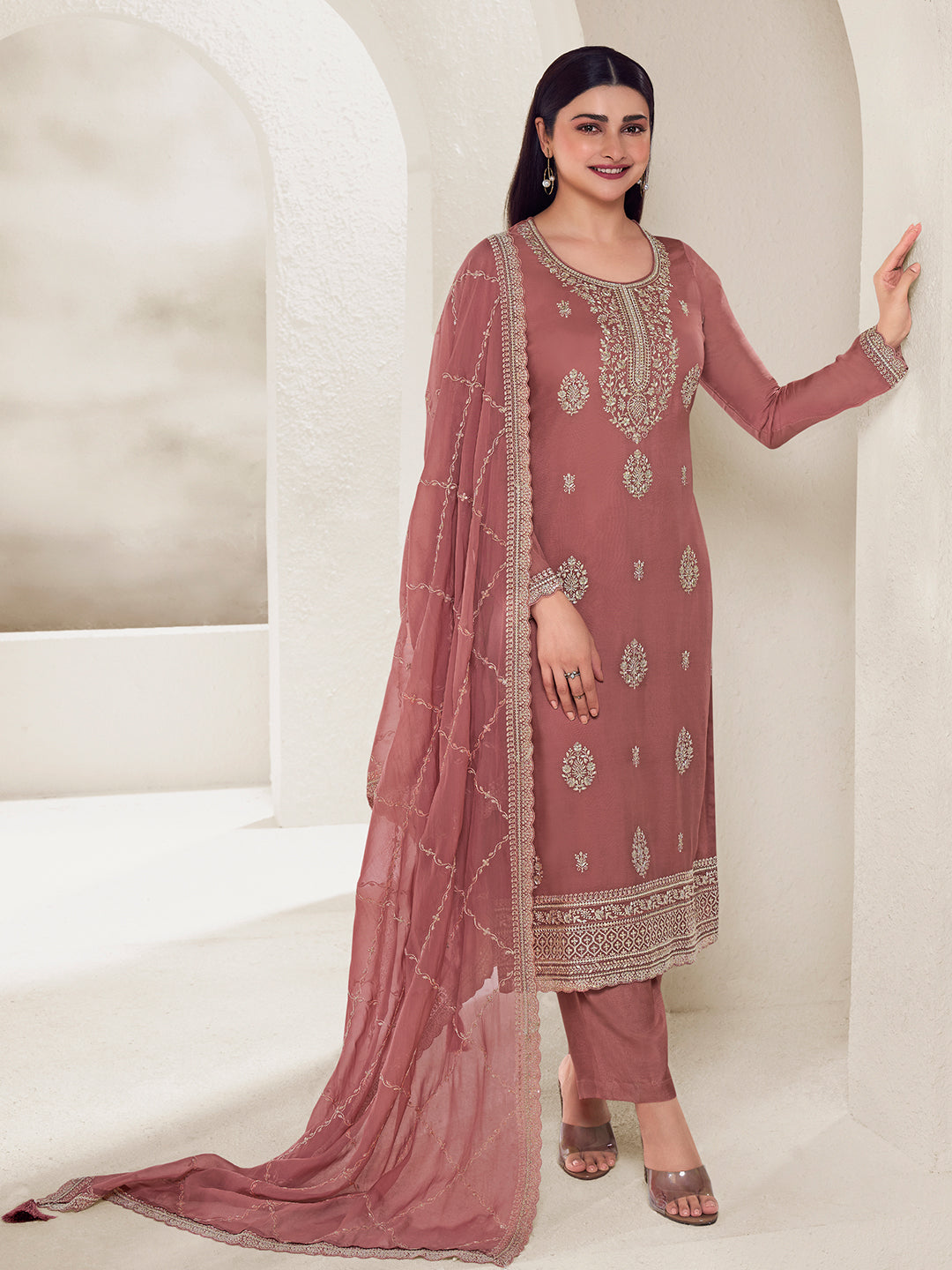 Metallic Peach Lucknowi Thread and Sequins Embroidery Kurta Suit Set
