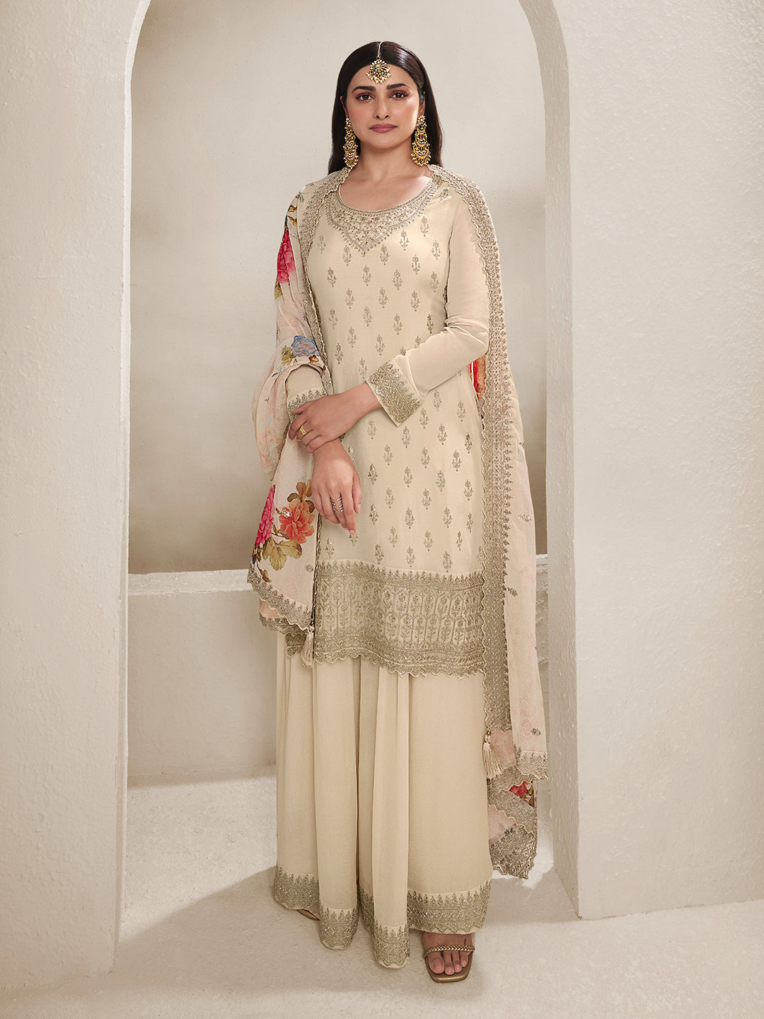 Off-white Floral Pattern Sequins Embroidered Sharara Suit Set