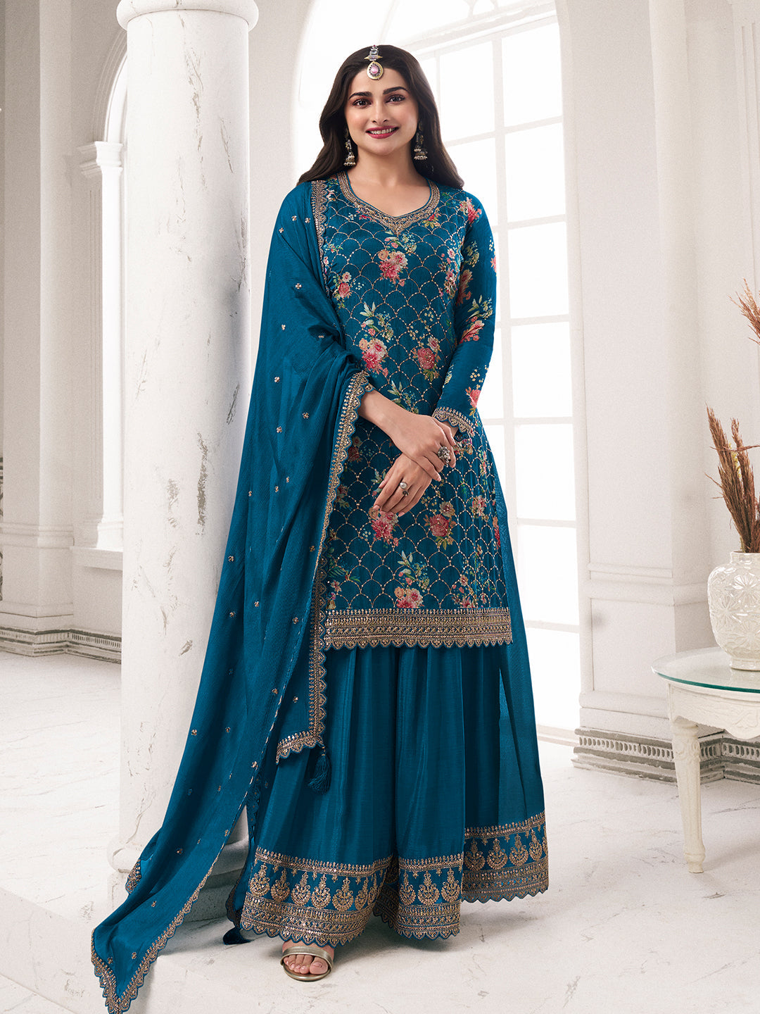 Blue Digital Floral Printed Embroidered Sharara Suit Set - qivii