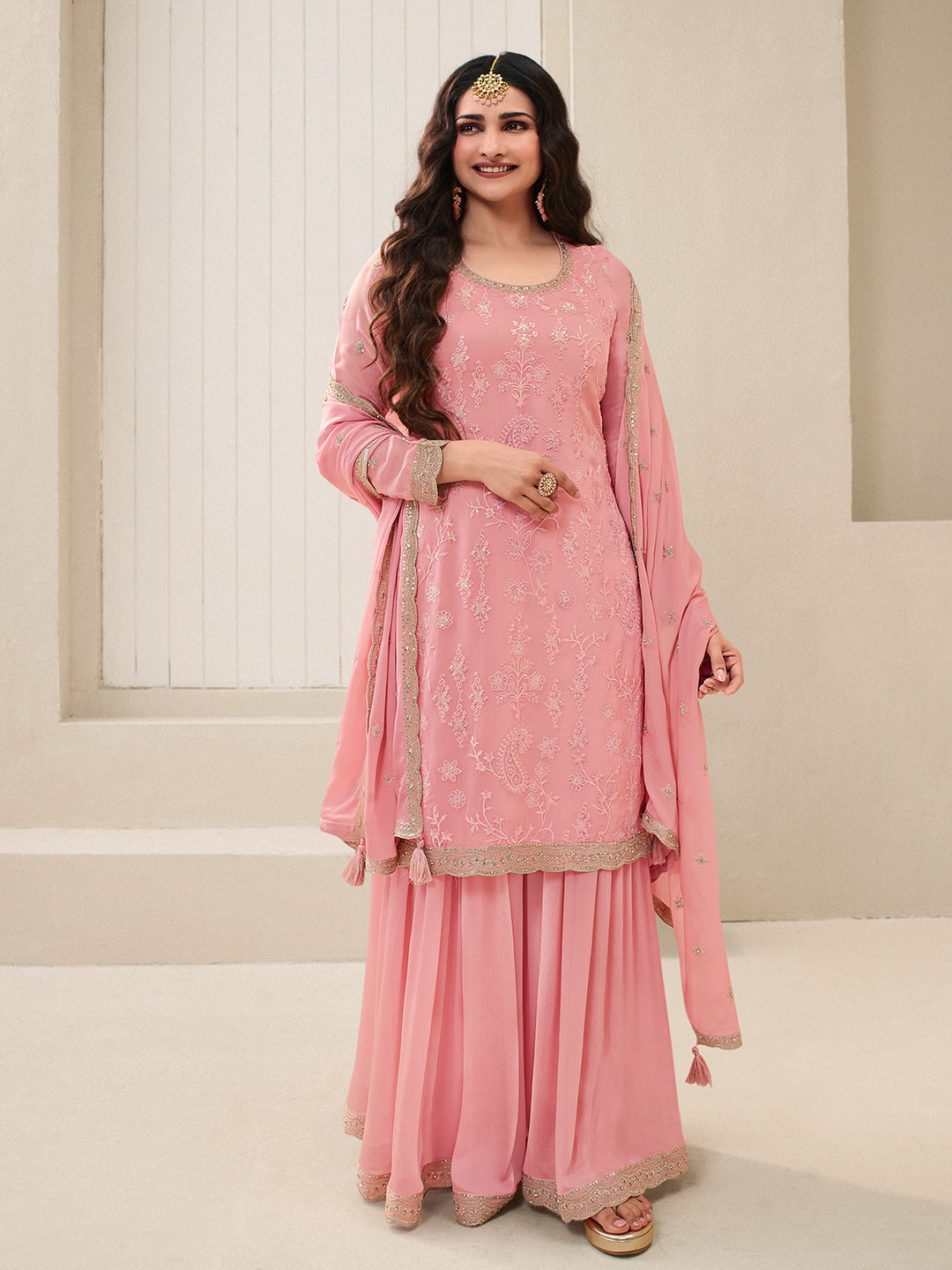 Peach Pink Floral Pattern, Thread with Sequins & Zari Embroidered Sharara Suit Set - qivii