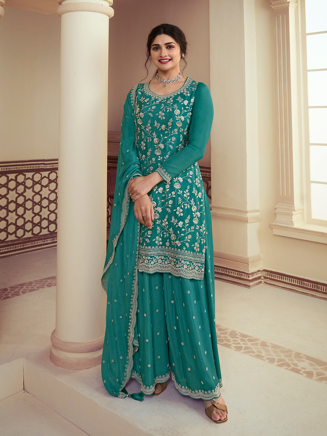 Turquoise Floral Pattern, Thread and Sequins Embroidered Sharara Suit Set - qivii