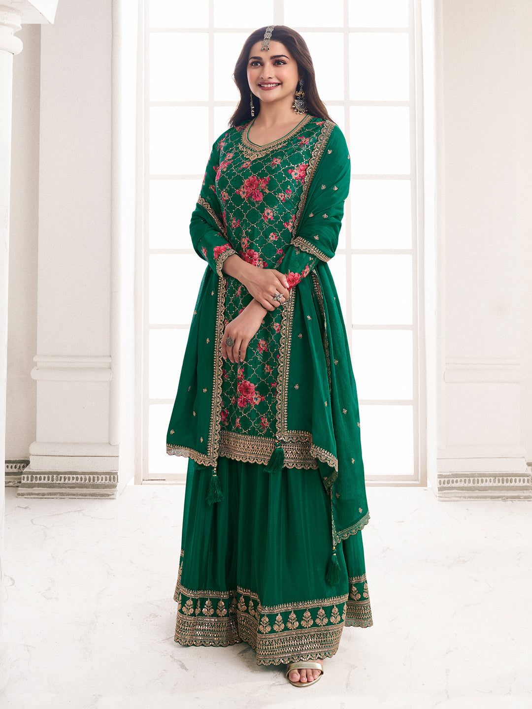 Green Digital Floral Printed Embroidered Sharara Suit Set - qivii