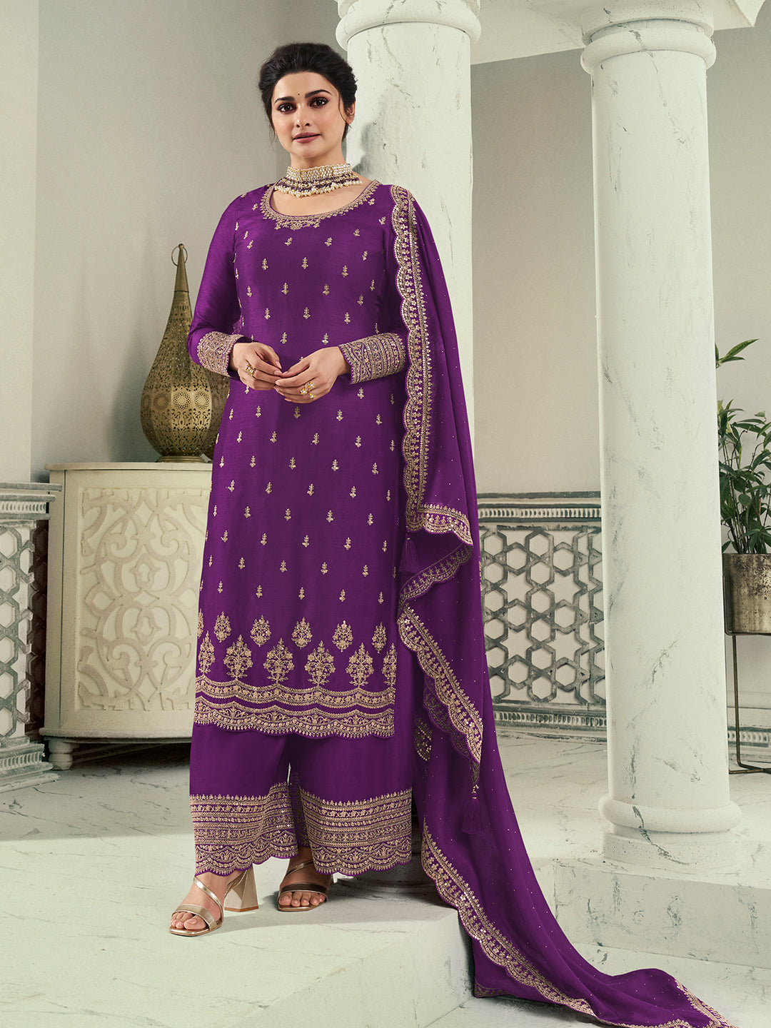 Purple Designer Top Adorned with Exquisite Embroidered Palazzo Suit Set