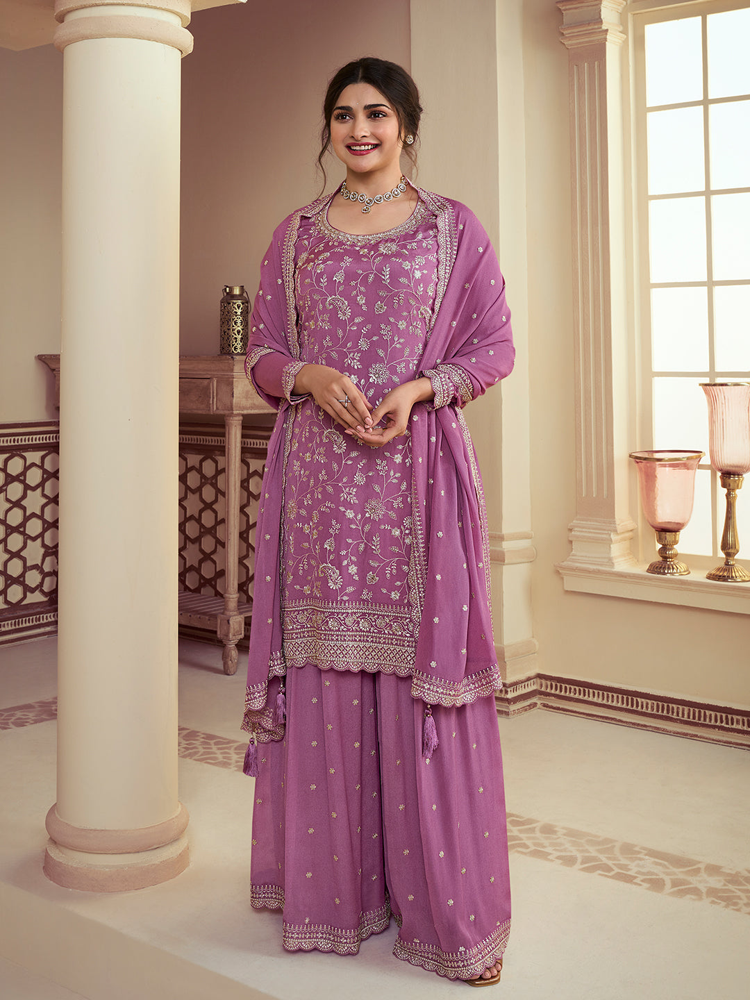 Twilight lavender Floral Pattern, Thread and Sequins Embroidered Sharara Suit Set