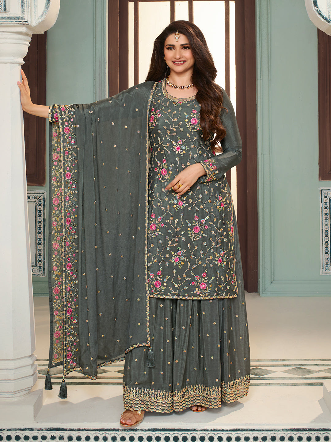 Grey Multi Colour Floral Thread & Embroidered Sharara Suit Set - qivii