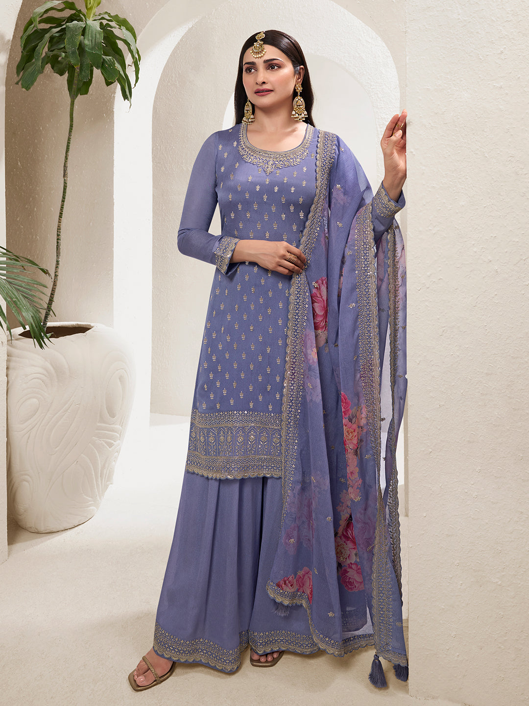 Purple Floral Pattern Sequins Embroidered Sharara Suit Set - qivii