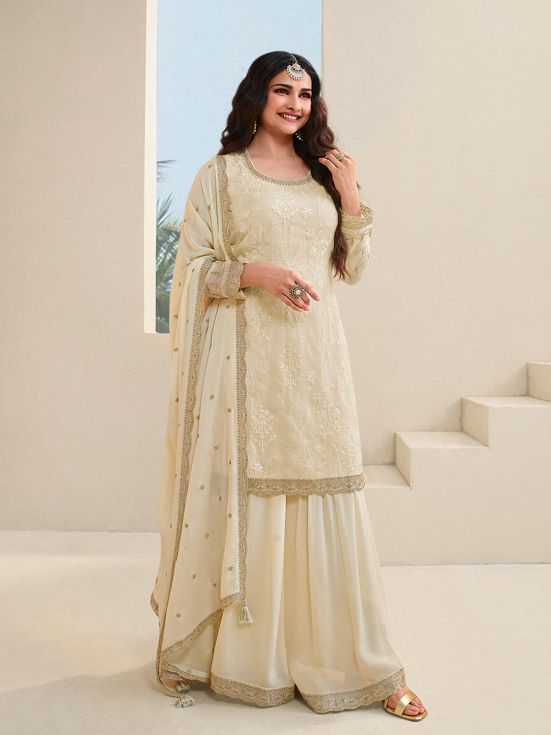 Off White Floral Pattern, Thread with Sequins & Zari Embroidered Sharara Suit Set - qivii