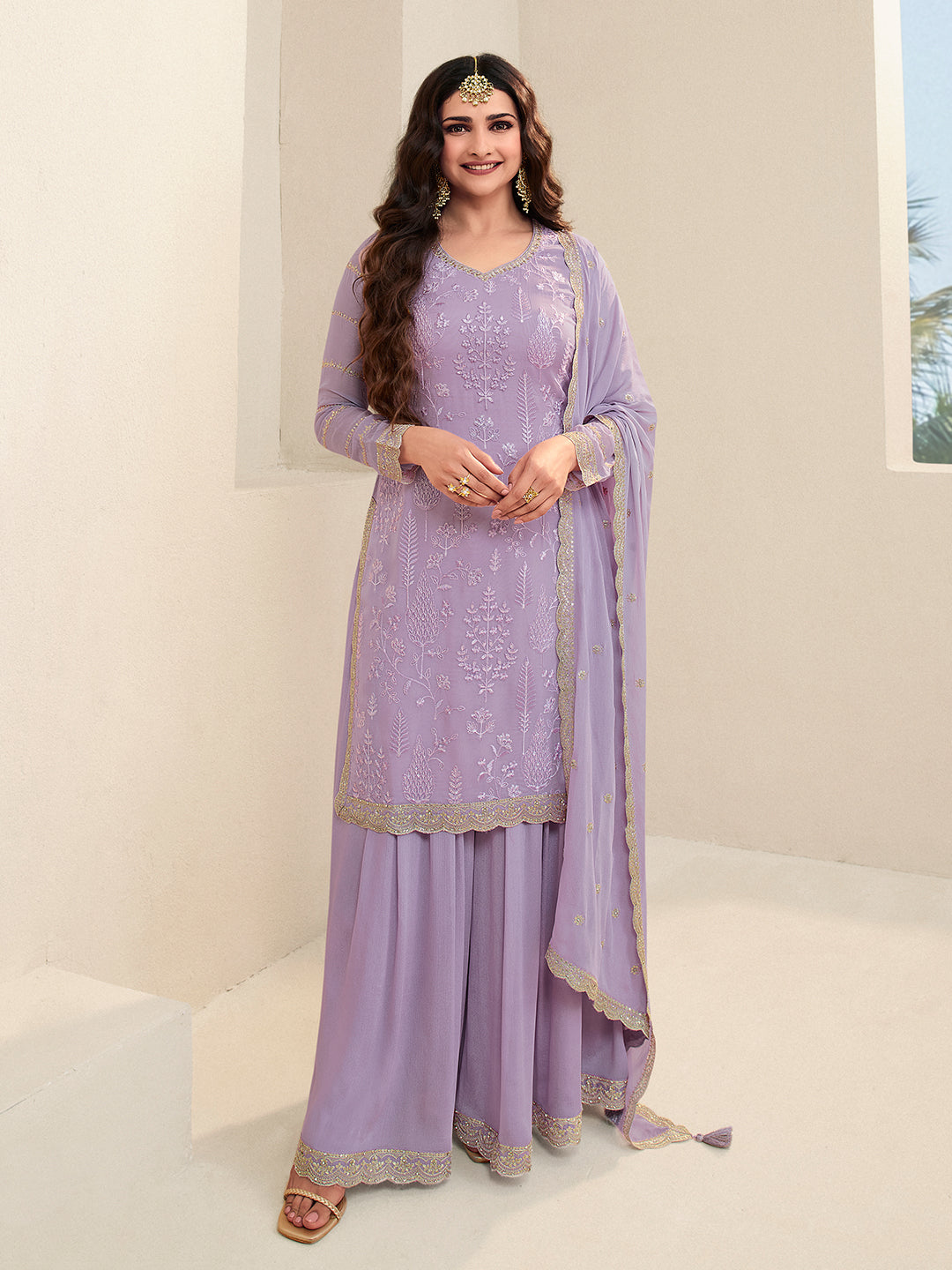 Lavender Floral Pattern, Thread with Sequins & Zari Embroidered Sharara Suit Set - qivii