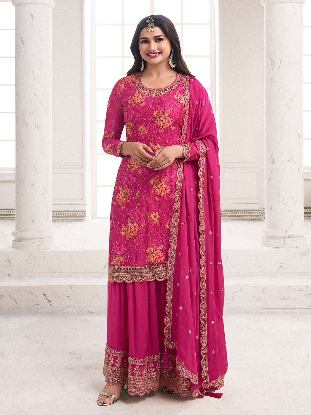 Rani Pink Digital Floral Printed Embroidered Sharara Suit Set - qivii