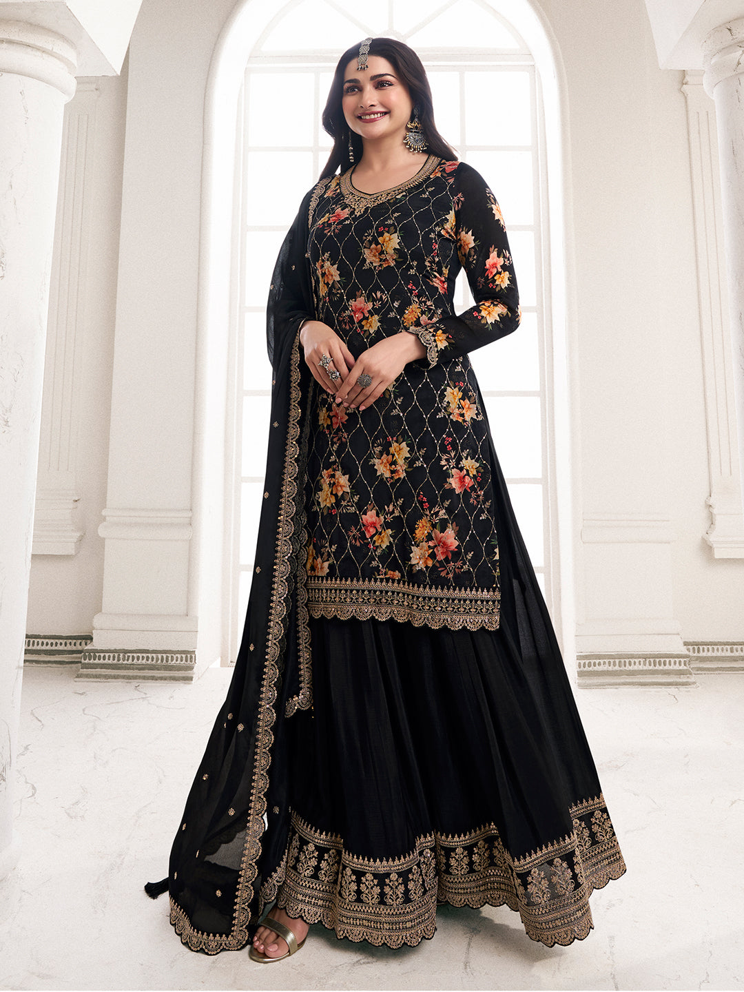 Black Digital Floral Printed Embroidered Sharara Suit Set - qivii