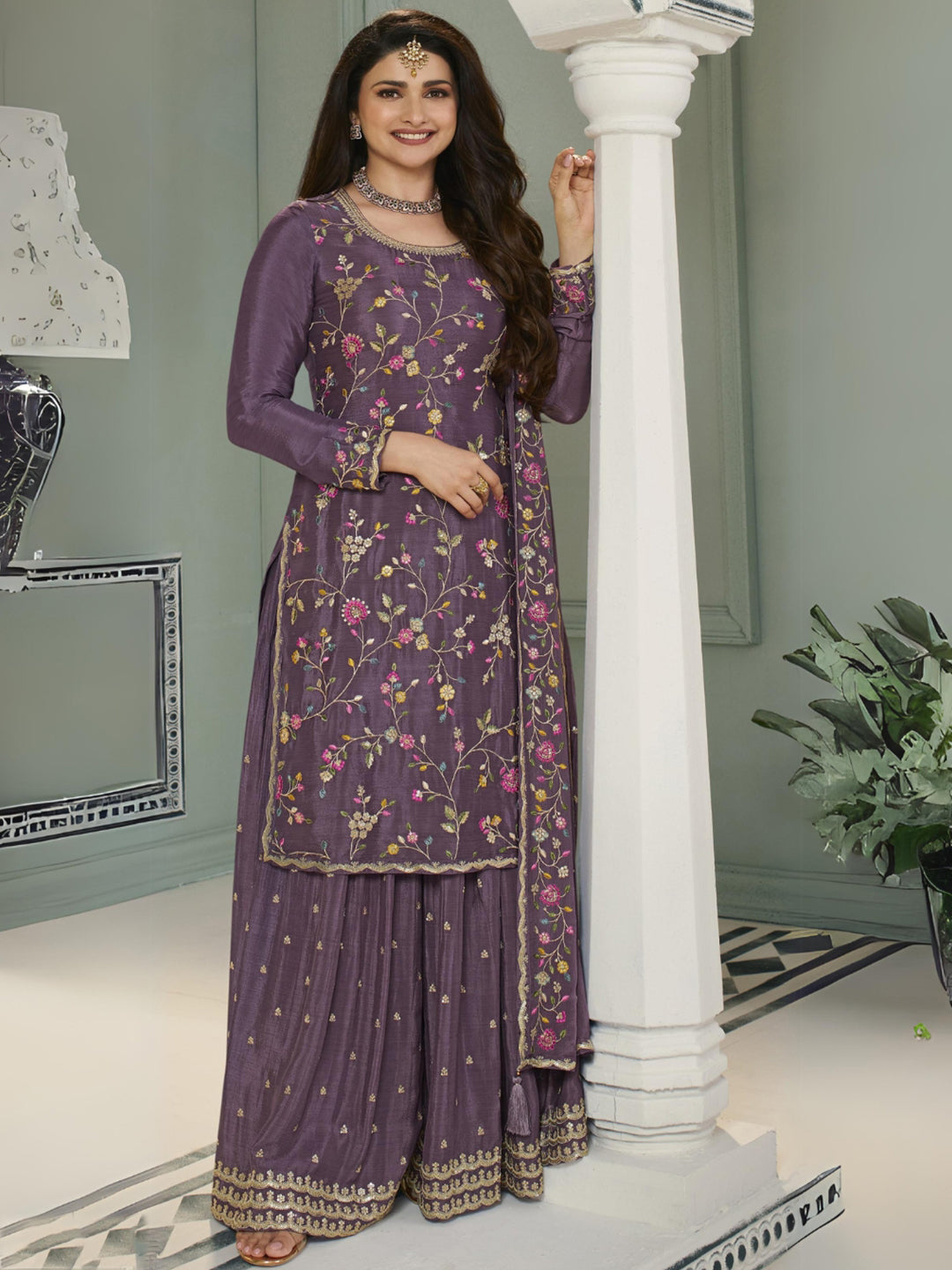 Purple Multi Colour Floral Thread & Embroidered Sharara Suit Set - qivii