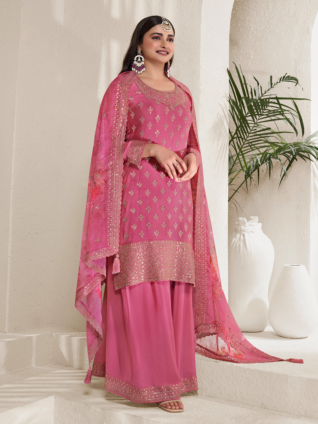 Pink Floral Pattern Sequins Embroidered Sharara Suit Set - qivii