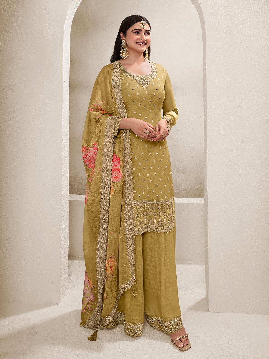Mustard Floral Pattern Sequins Embroidered Sharara Suit Set - qivii