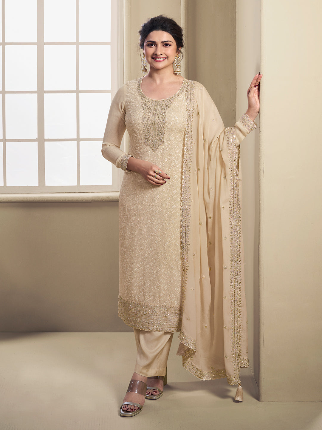 Off White Floral Pattern Schiffli Thread and Sequins Embroidery Kurta Suit Set