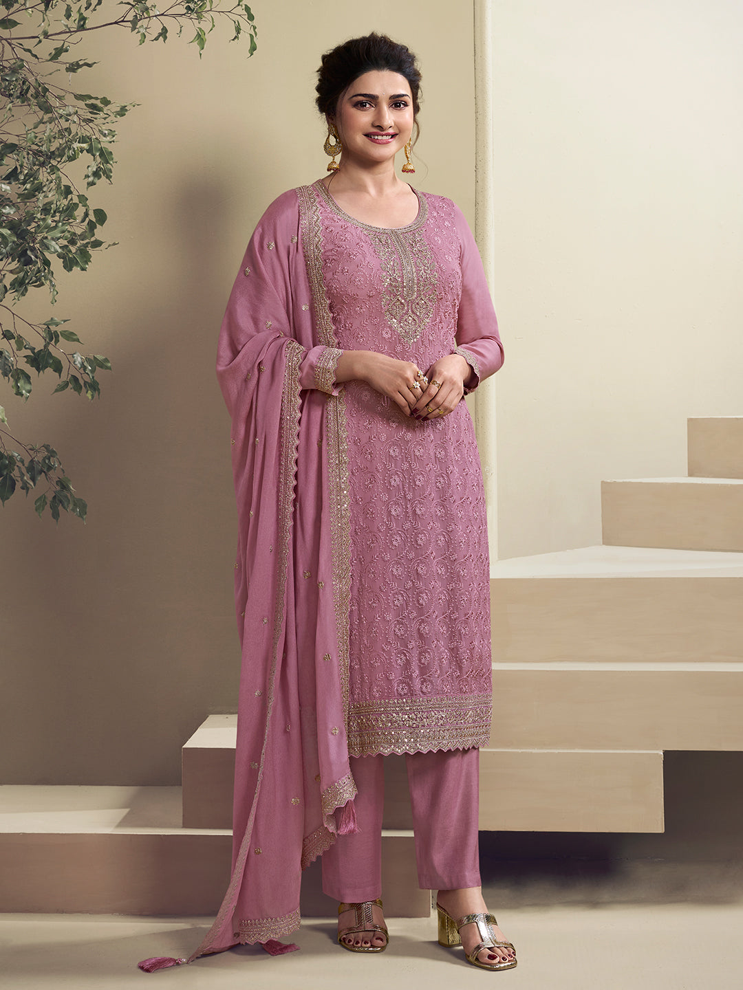 Pink Floral Pattern Schiffli Thread and Sequins Embroidery Kurta Suit Set