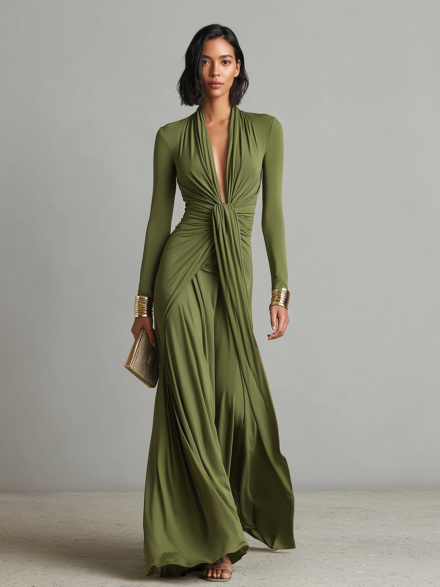 Women's Olive Silky Stretchy Dress With Deep V-Neck & Ruched Detail, Glamorous Maxi Dress MDA0509L8I