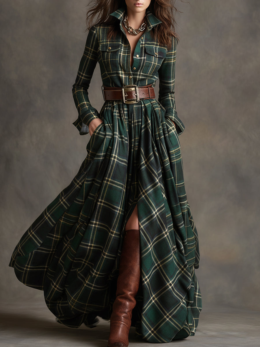 Scarlett | Plaid Maxi Shirt Dress Long Sleeve Belted Dress by Qivii