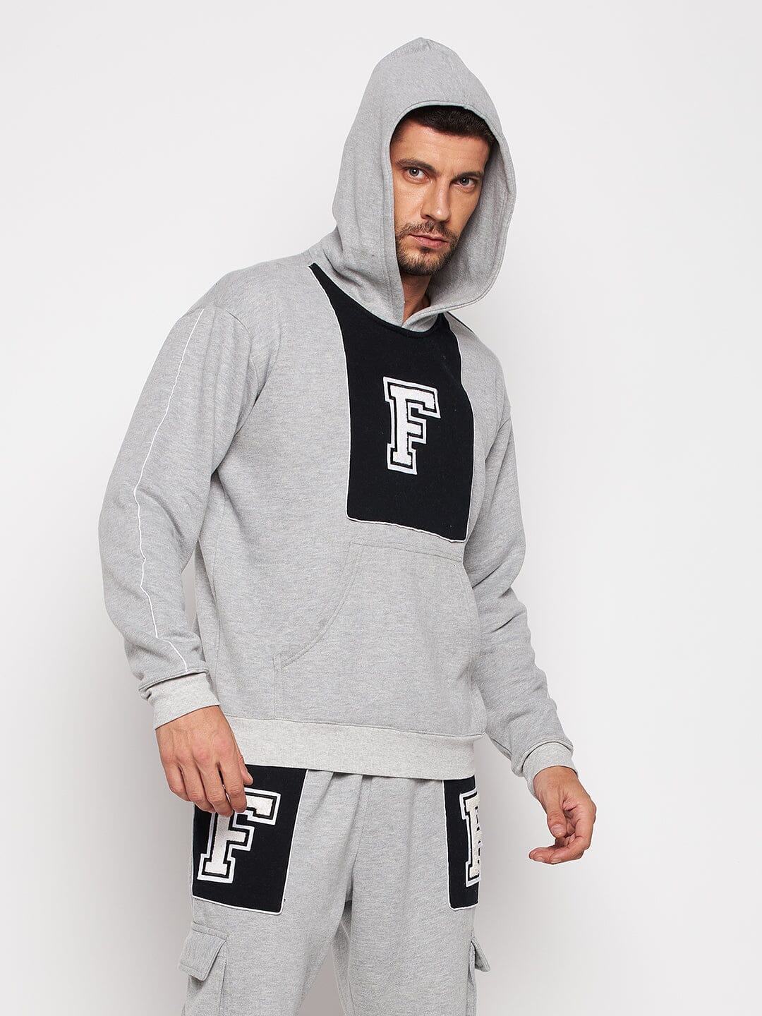 Grey Fleece Varsity Oversized Hooded Sweatshirt