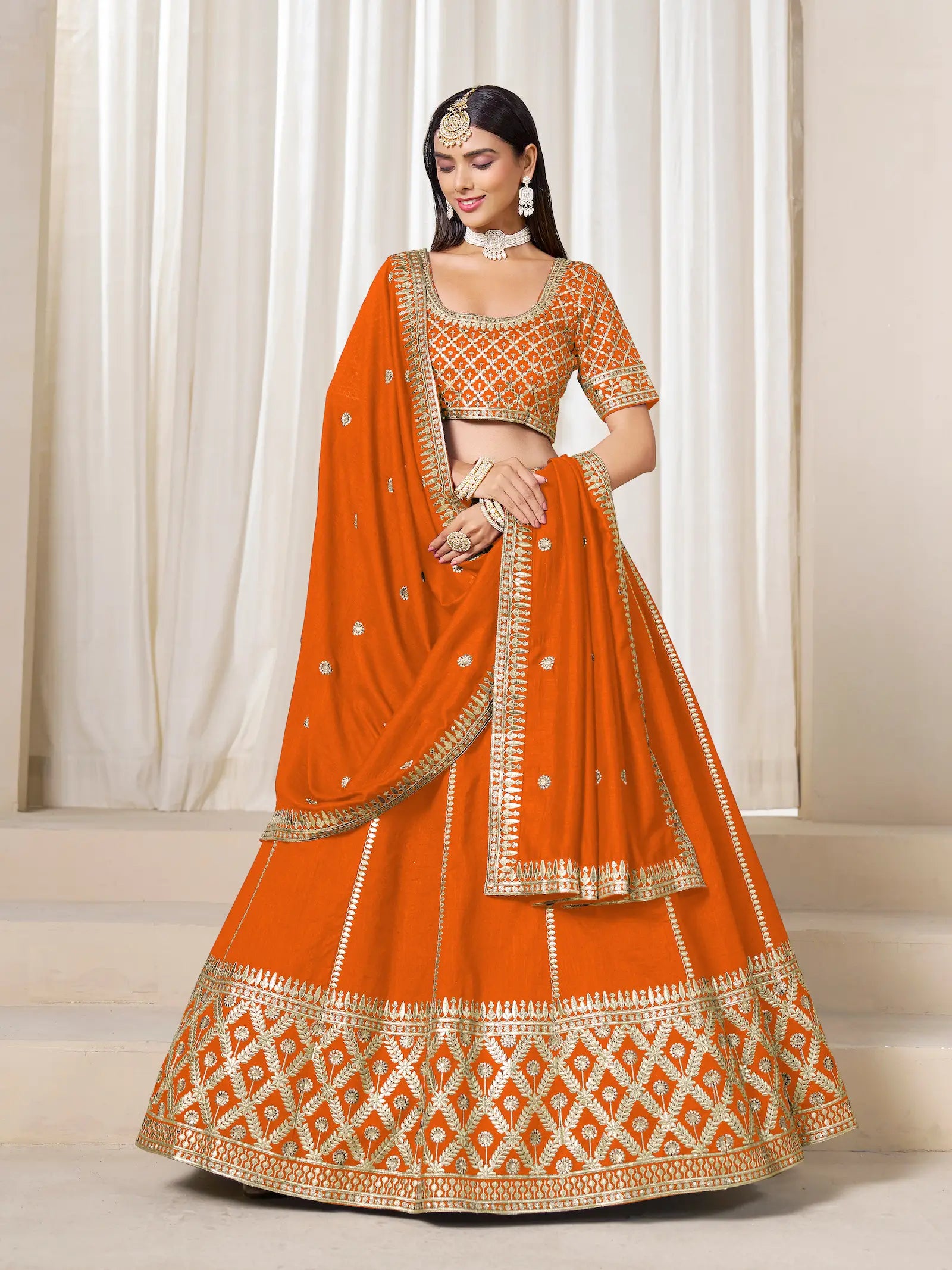 Orange Art Silk Embroidery Work Lehenga Choli - qivii