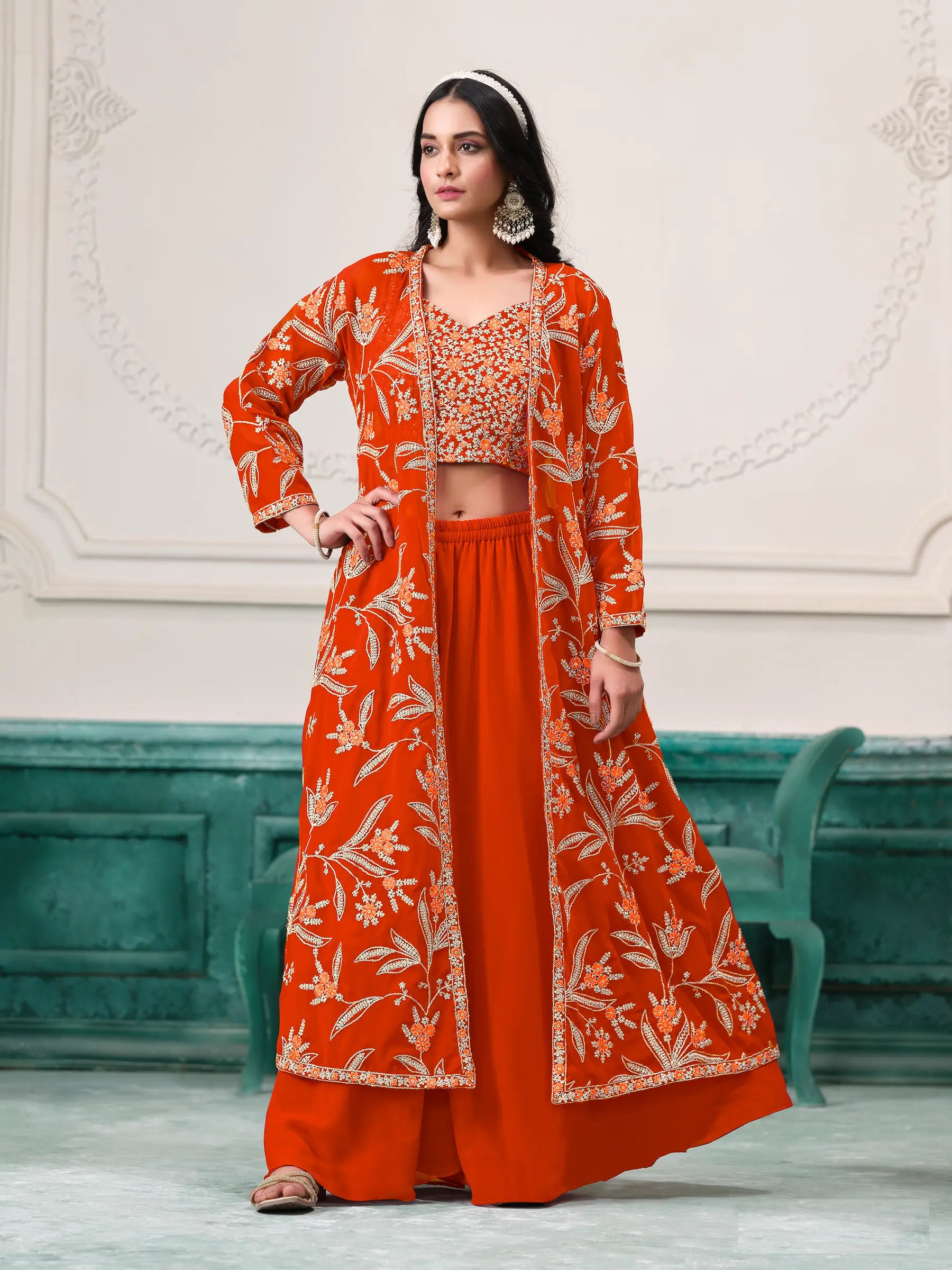 Orange Georgette Indo Western Set With Thread & Sequins Embroidery Work - qivii