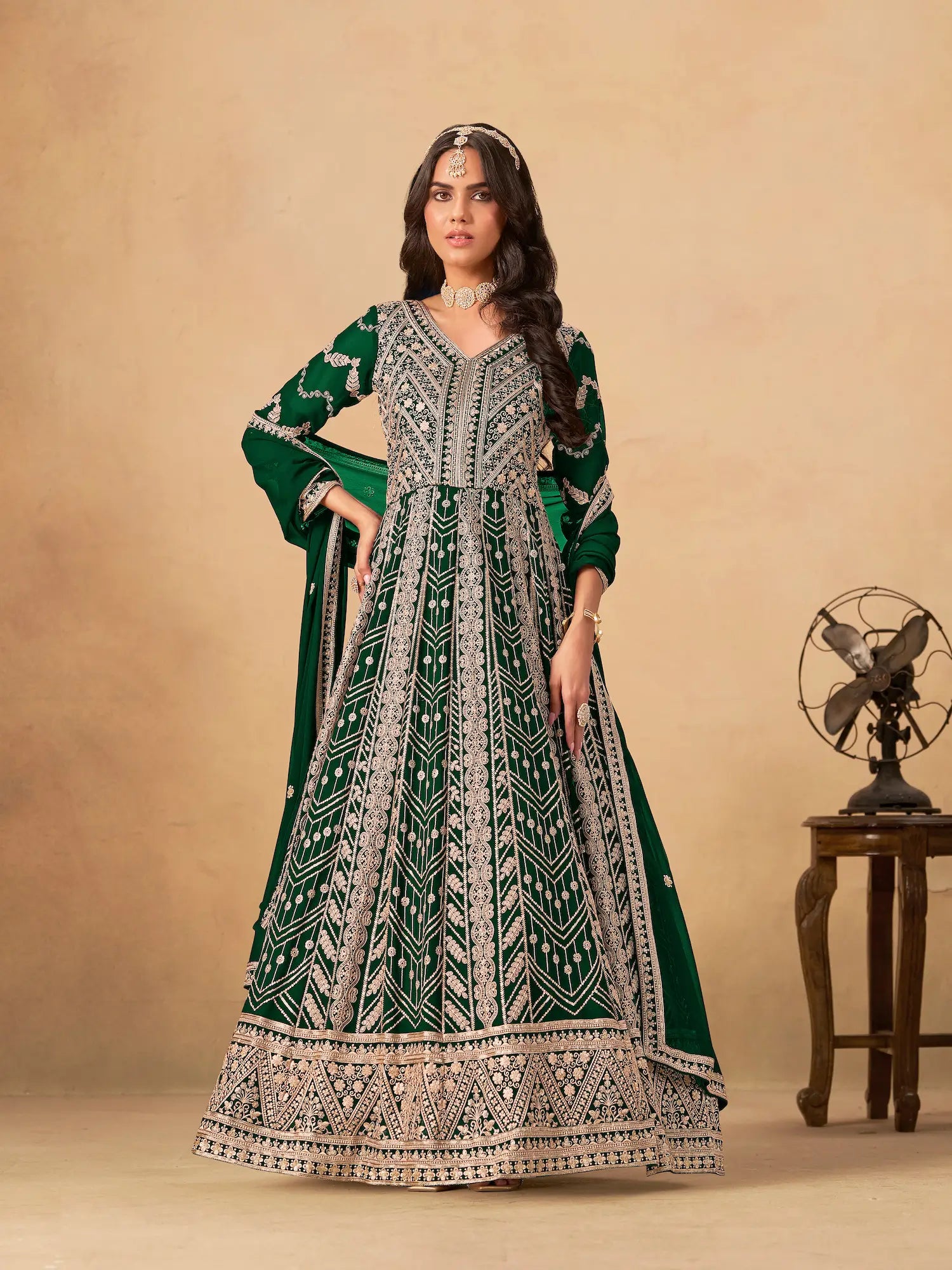 Dark Green Georgette Embroidery Work Gown