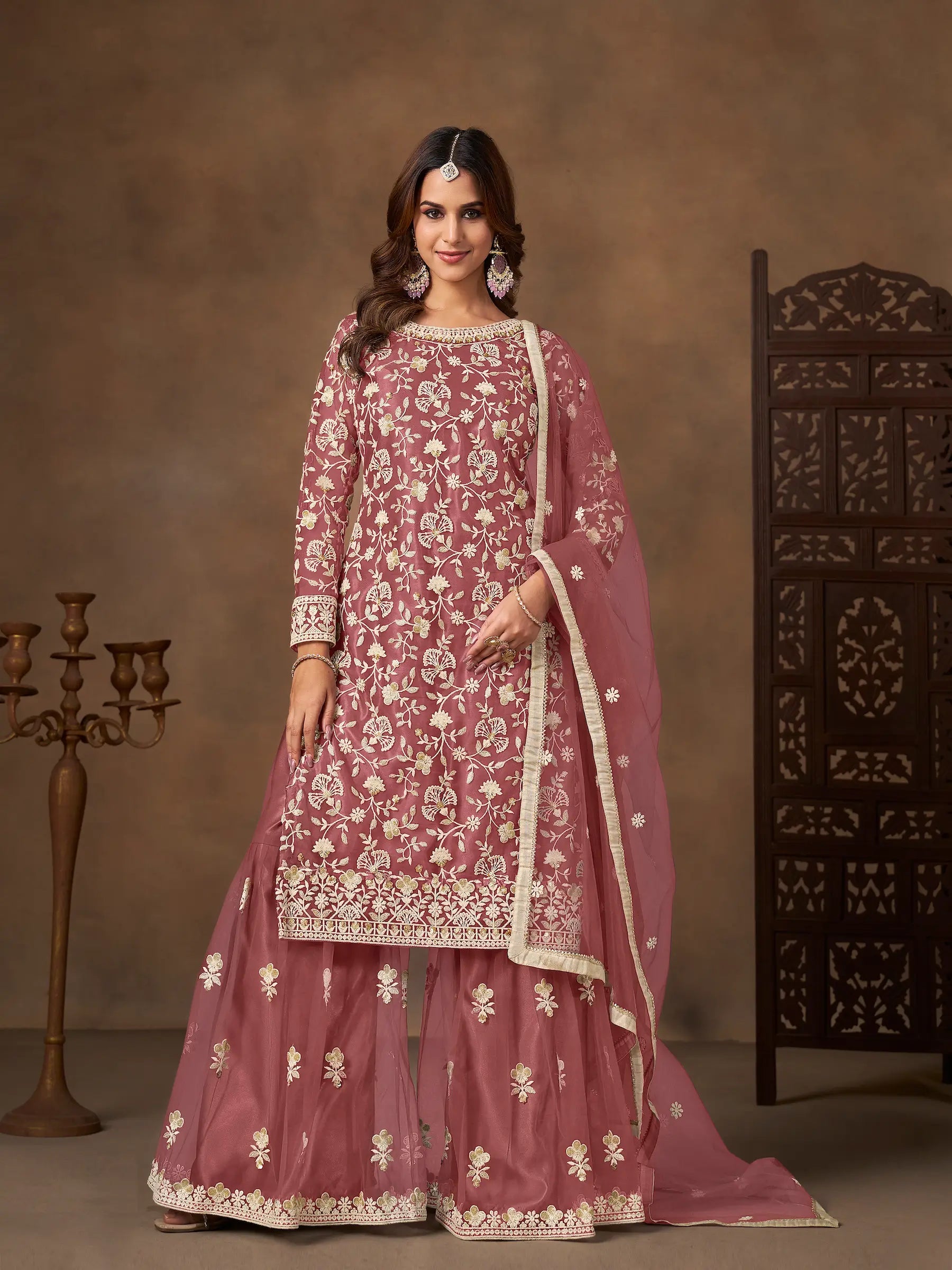 Brownish Pink Net Embroidery Palazzo Suit