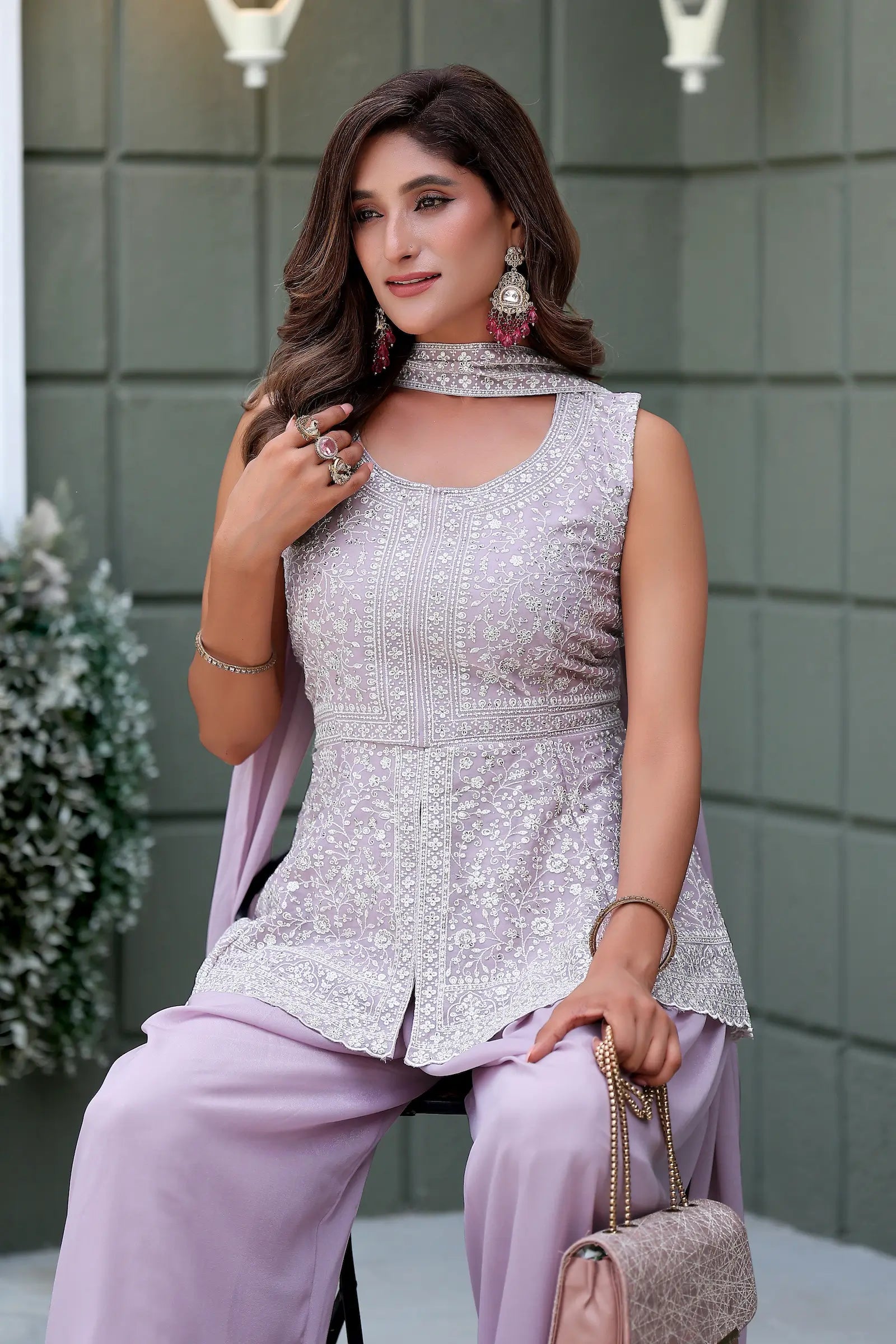 Blush Pink Star Georgette Embroidery Palazzo Suit - qivii