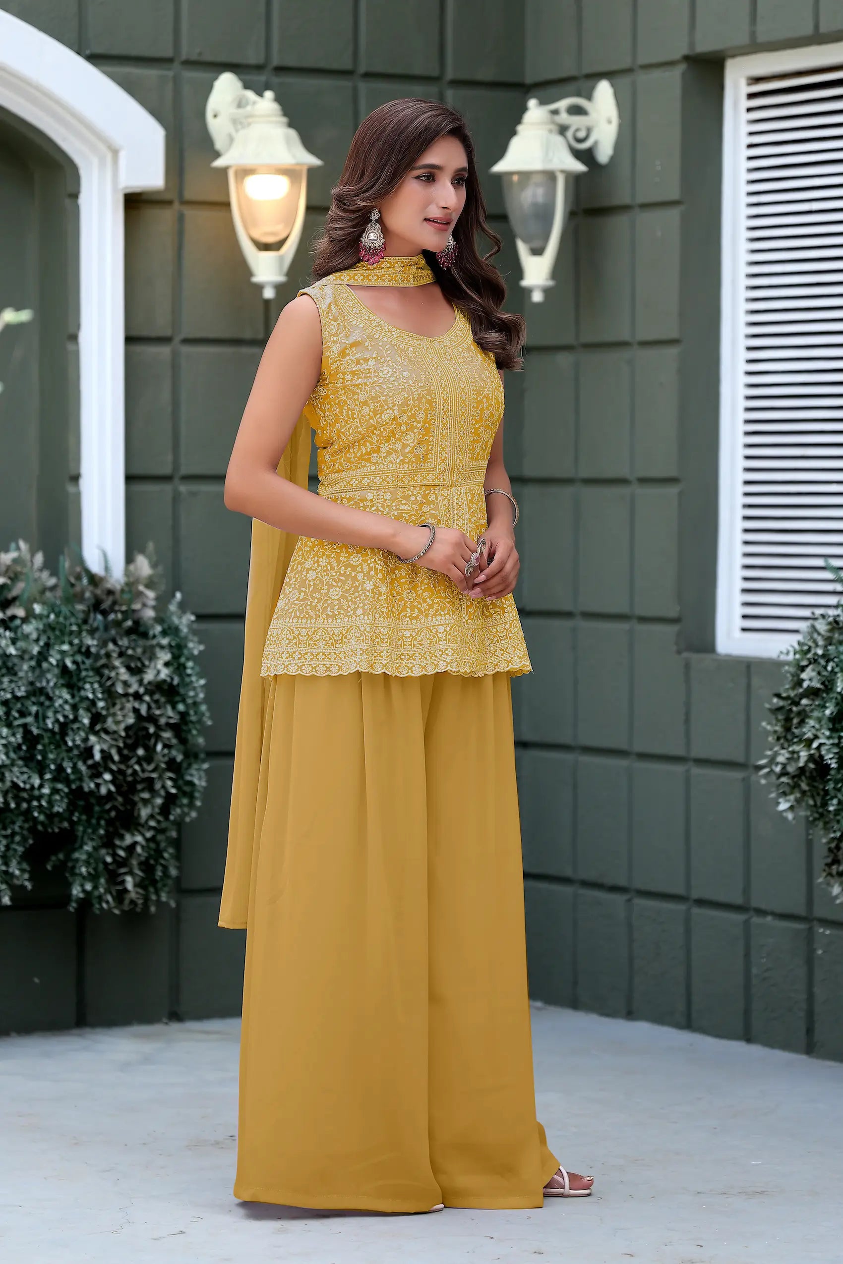 Yellow Star Georgette Embroidery Palazzo Suit - qivii