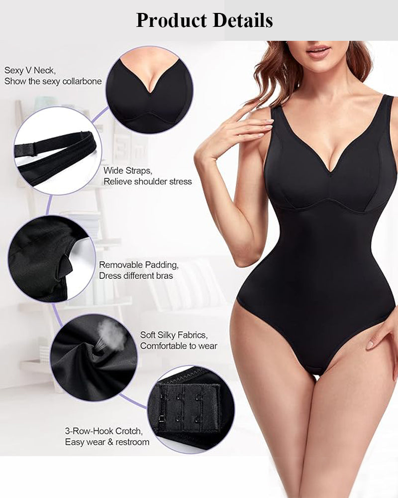 Tummy Control Slim Body Shaper Deep V-Neck Thong Bodysuits - By Qivii