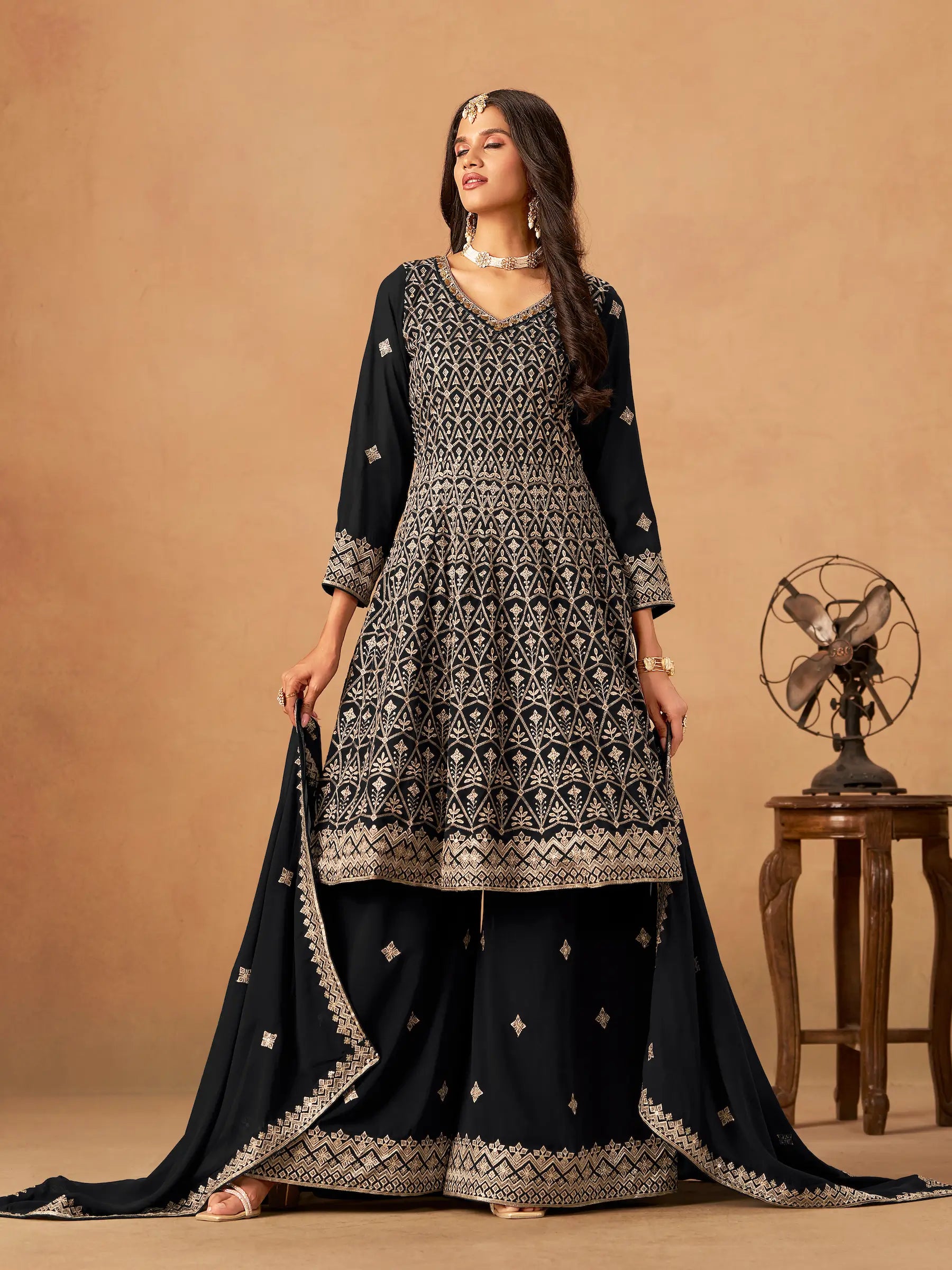 Black Georgette Embroidery Work Palazzo Set - qivii