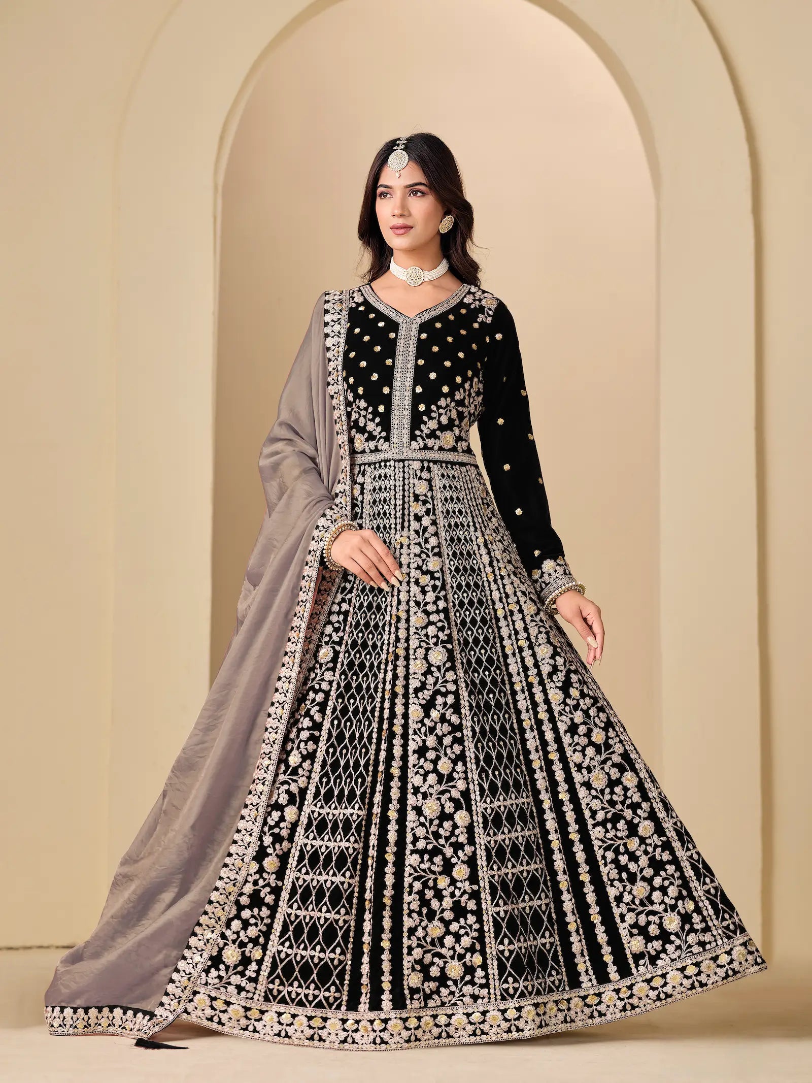 Jet Black Velvet Heavy Embroidered Gown